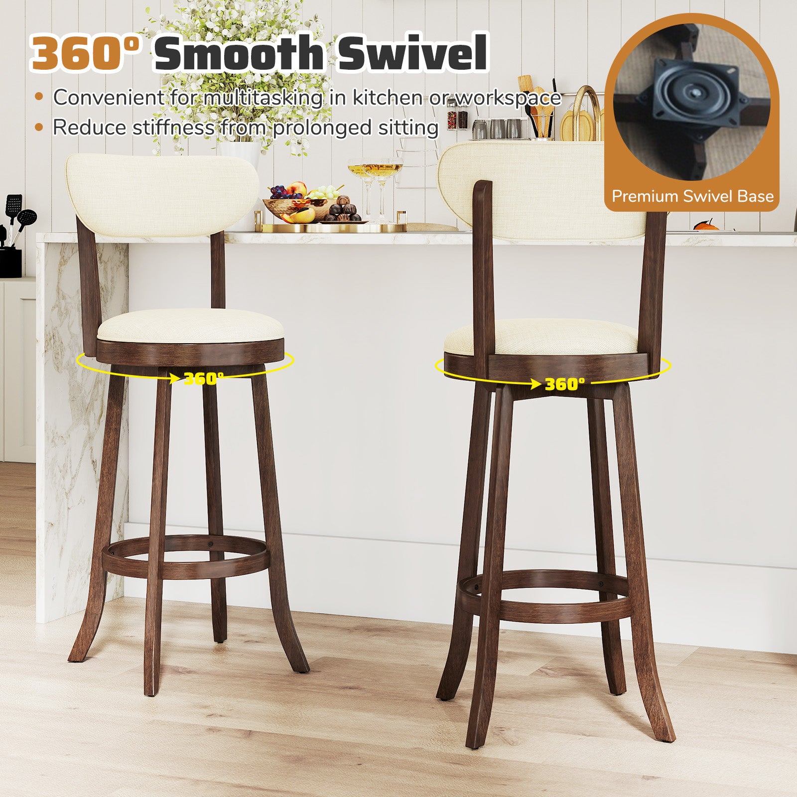 30.5 Inch Swivel Barstool Set, Padded Seat and Backrest, Brown Bar Stools at Gallery Canada
