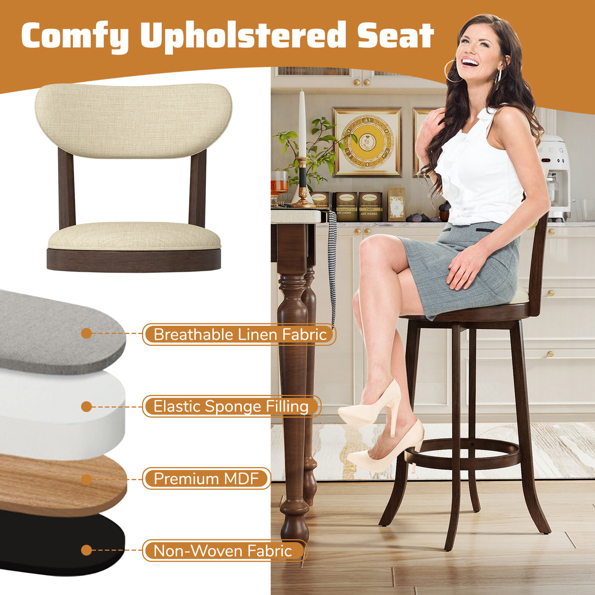 30.5 Inch Swivel Barstool Set, Padded Seat and Backrest, Brown Bar Stools at Gallery Canada