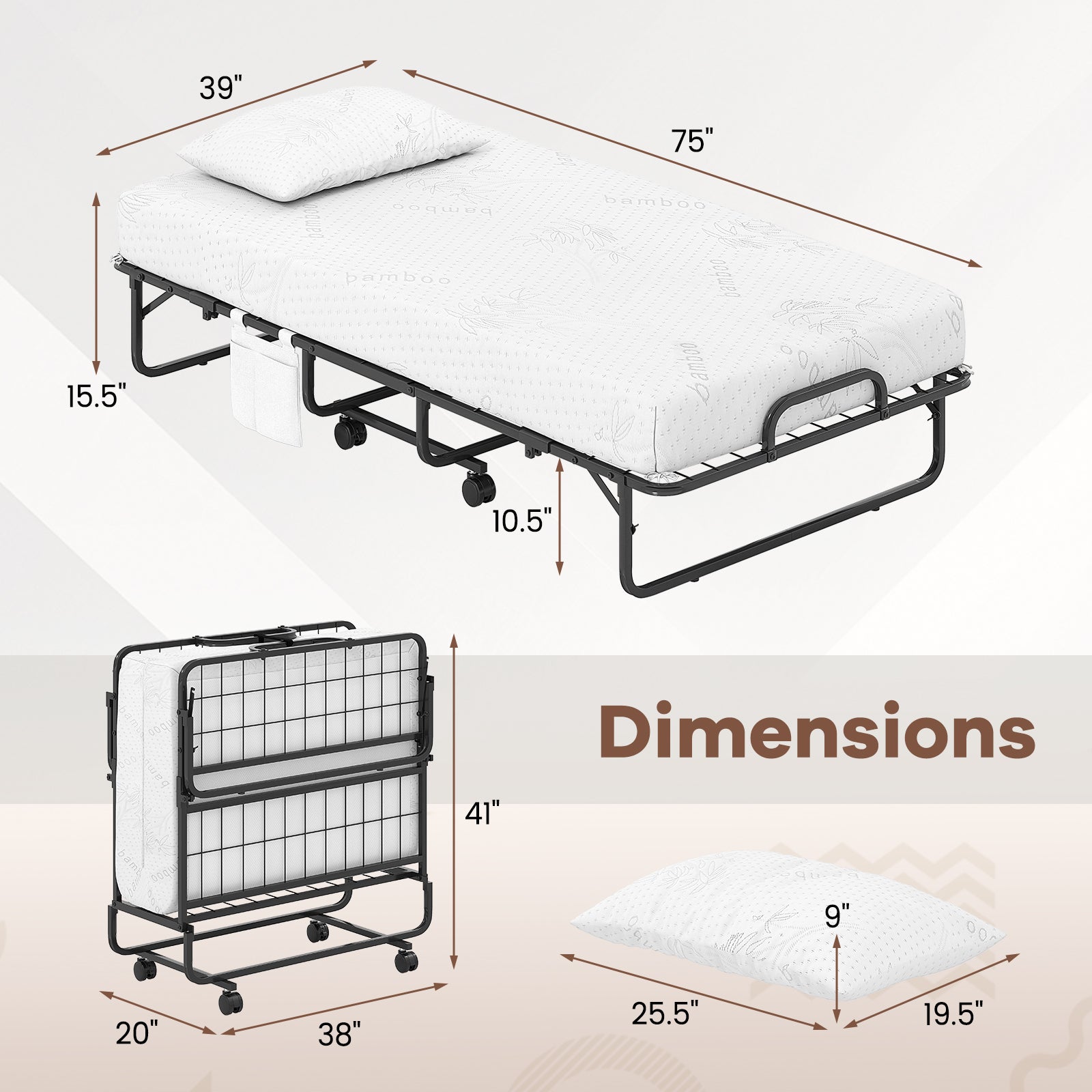Twin Size Folding Bed, 5 Inch Mattress, White Folding Beds at Gallery Canada