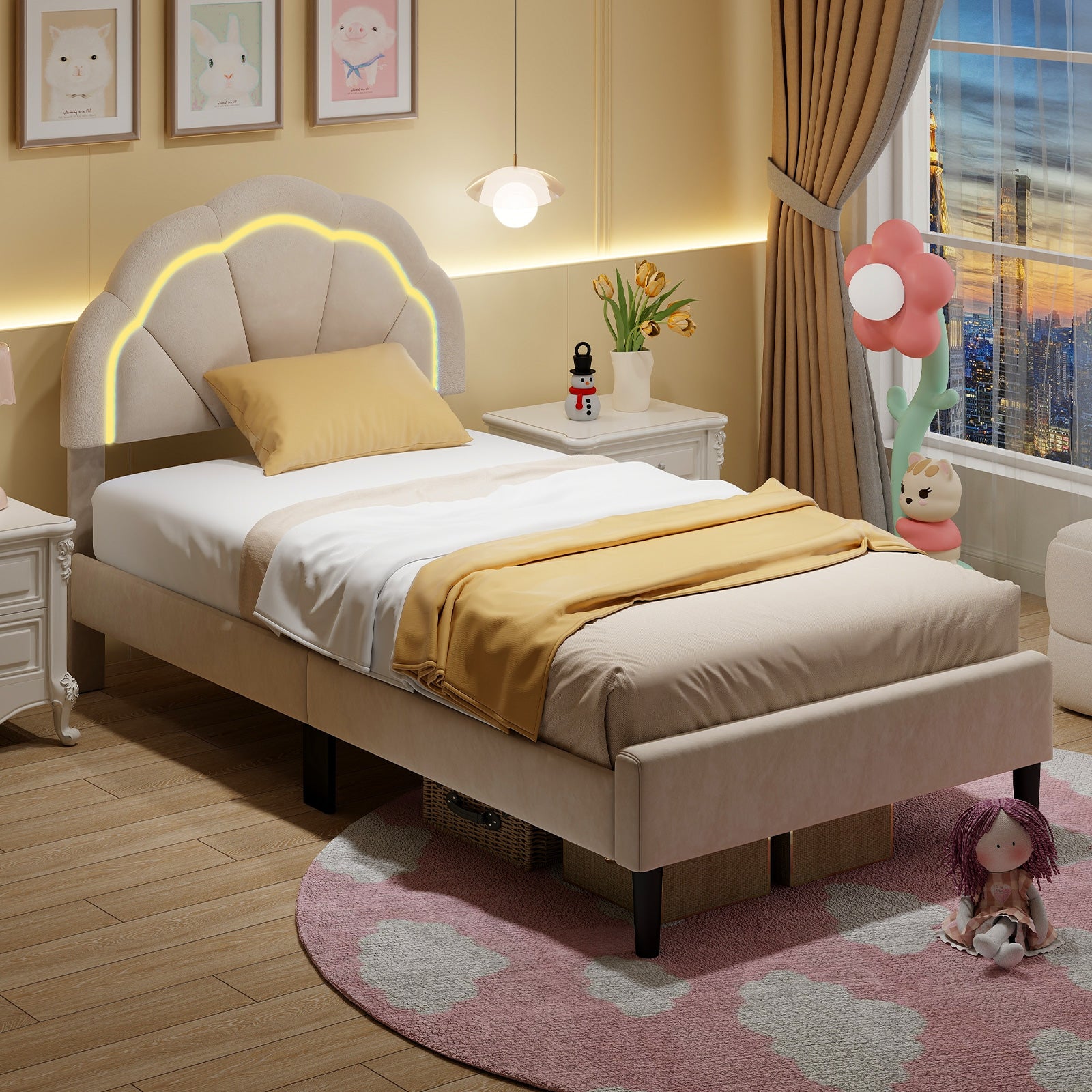 Upholstered LED Bed Frame, Adjustable Headboard, Twin Size Trundle Bed Frame at Gallery Canada