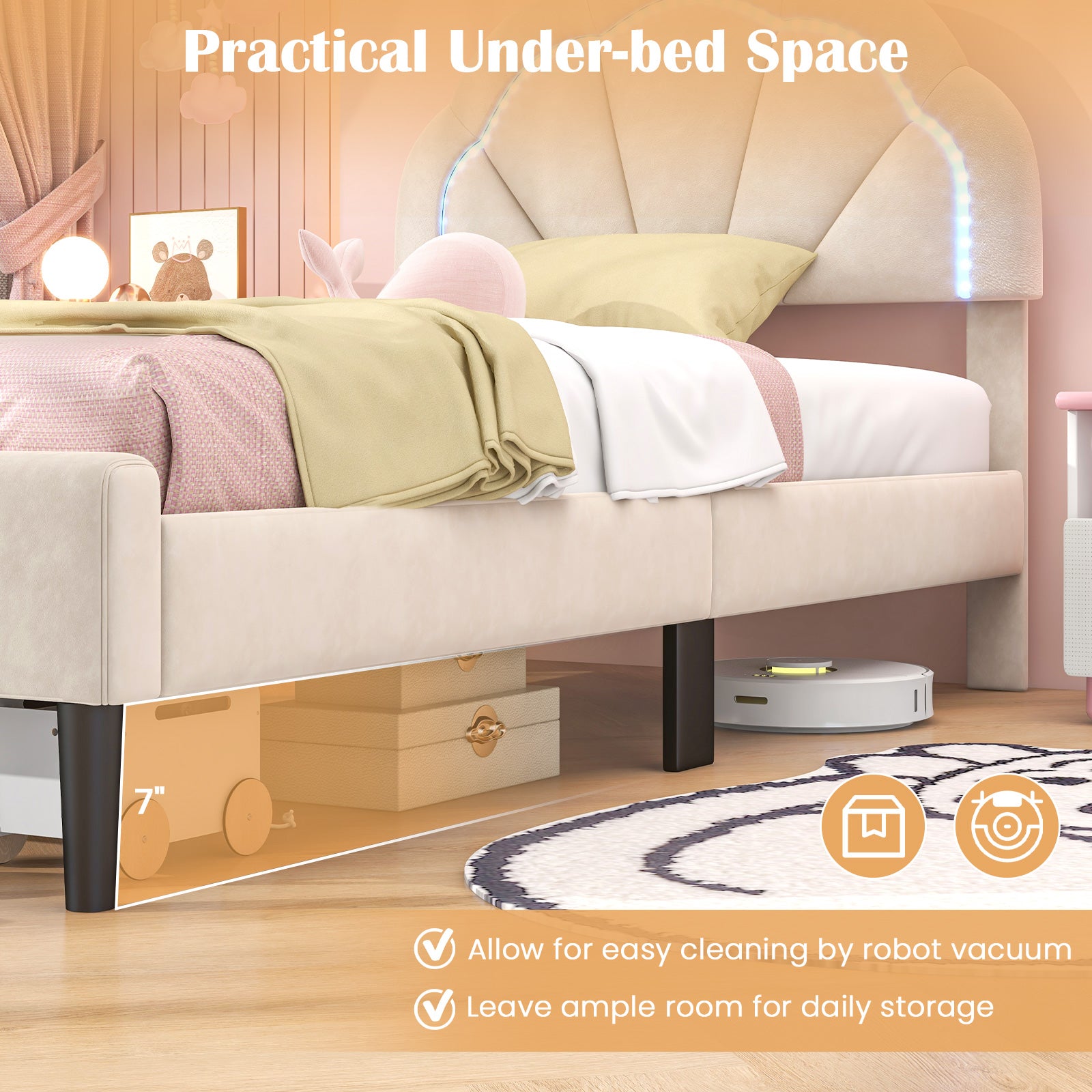 Upholstered LED Bed Frame, Adjustable Headboard, Twin Size Trundle Bed Frame at Gallery Canada