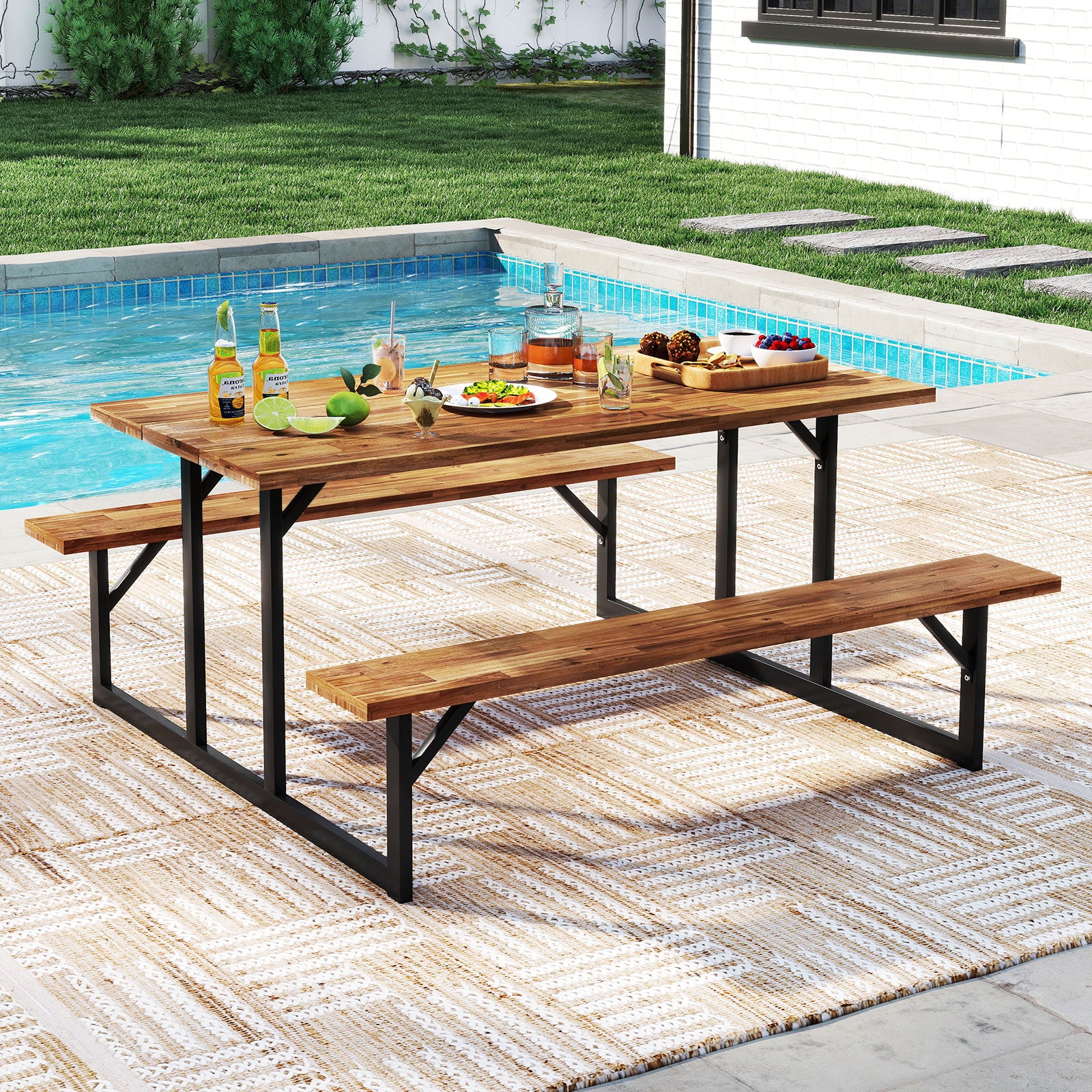 6-Person Acacia Wood Picnic Table, 2 Built-In Benches, Brown Picnic Tables at Gallery Canada