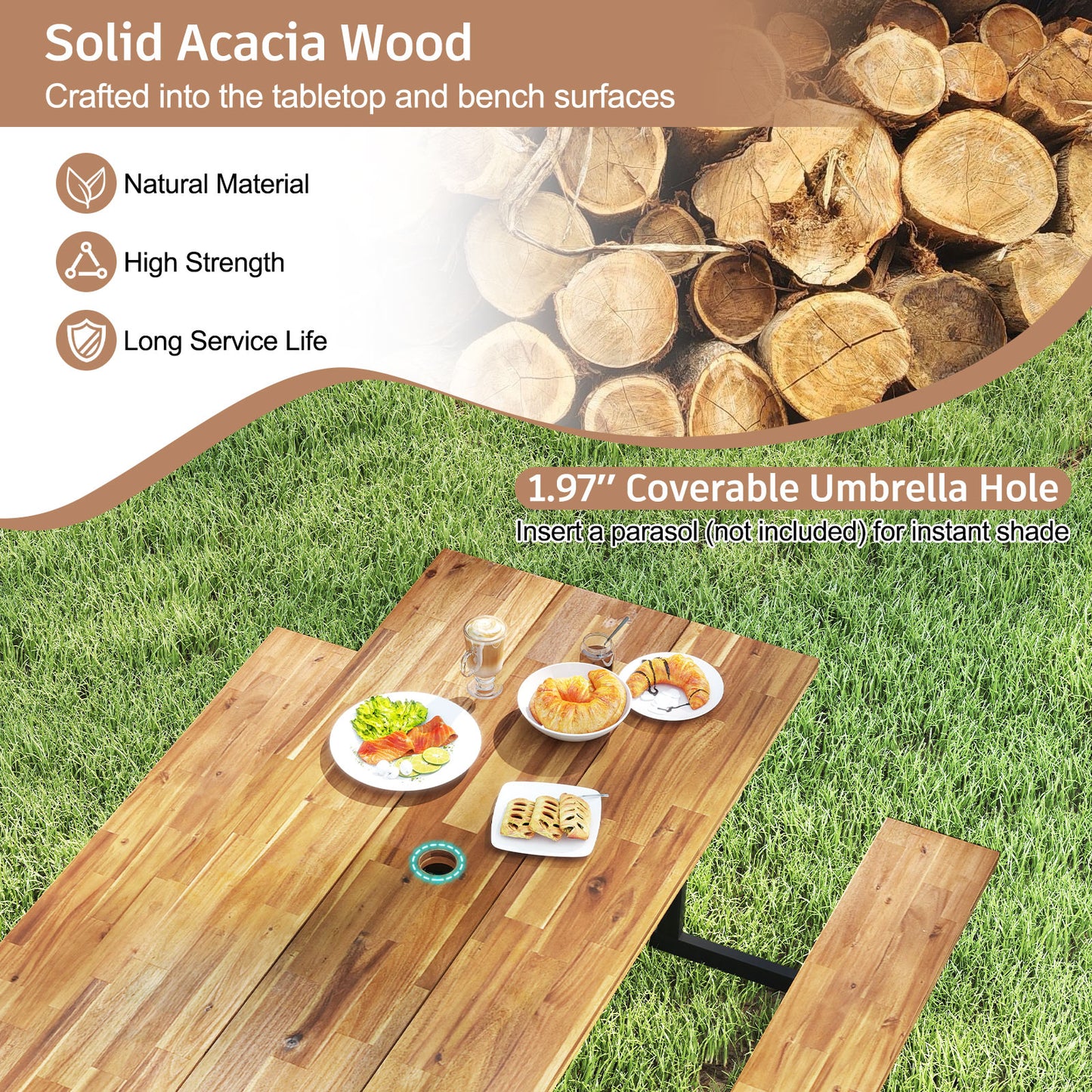 6-Person Acacia Wood Picnic Table, 2 Built-In Benches, Brown Picnic Tables at Gallery Canada