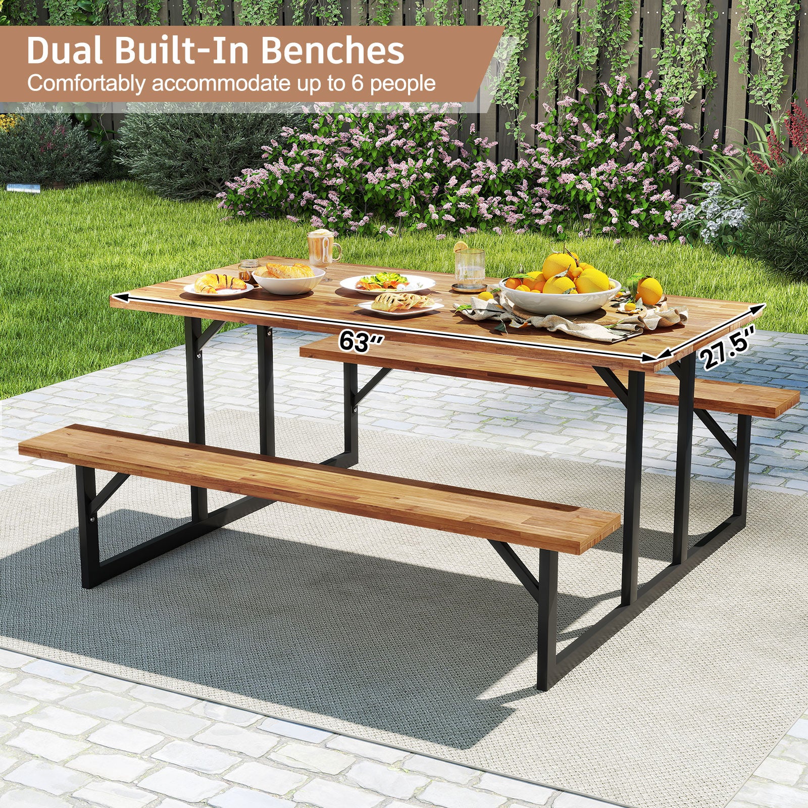 6-Person Acacia Wood Picnic Table, 2 Built-In Benches, Brown Picnic Tables at Gallery Canada