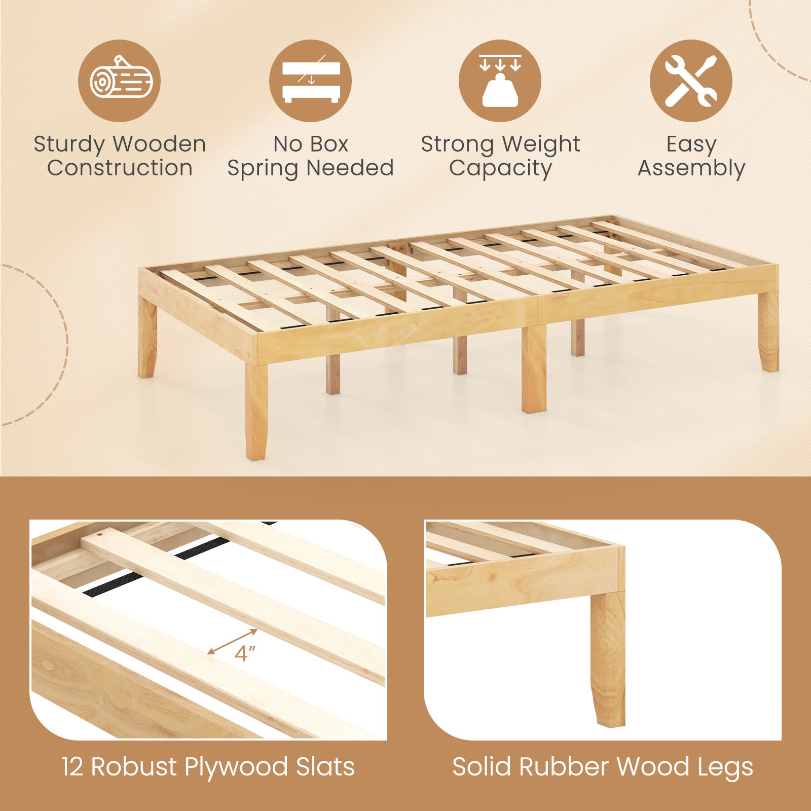 14 Inch Twin Wood Platform Bed Frame, Natural Simple Bed Frame at Gallery Canada