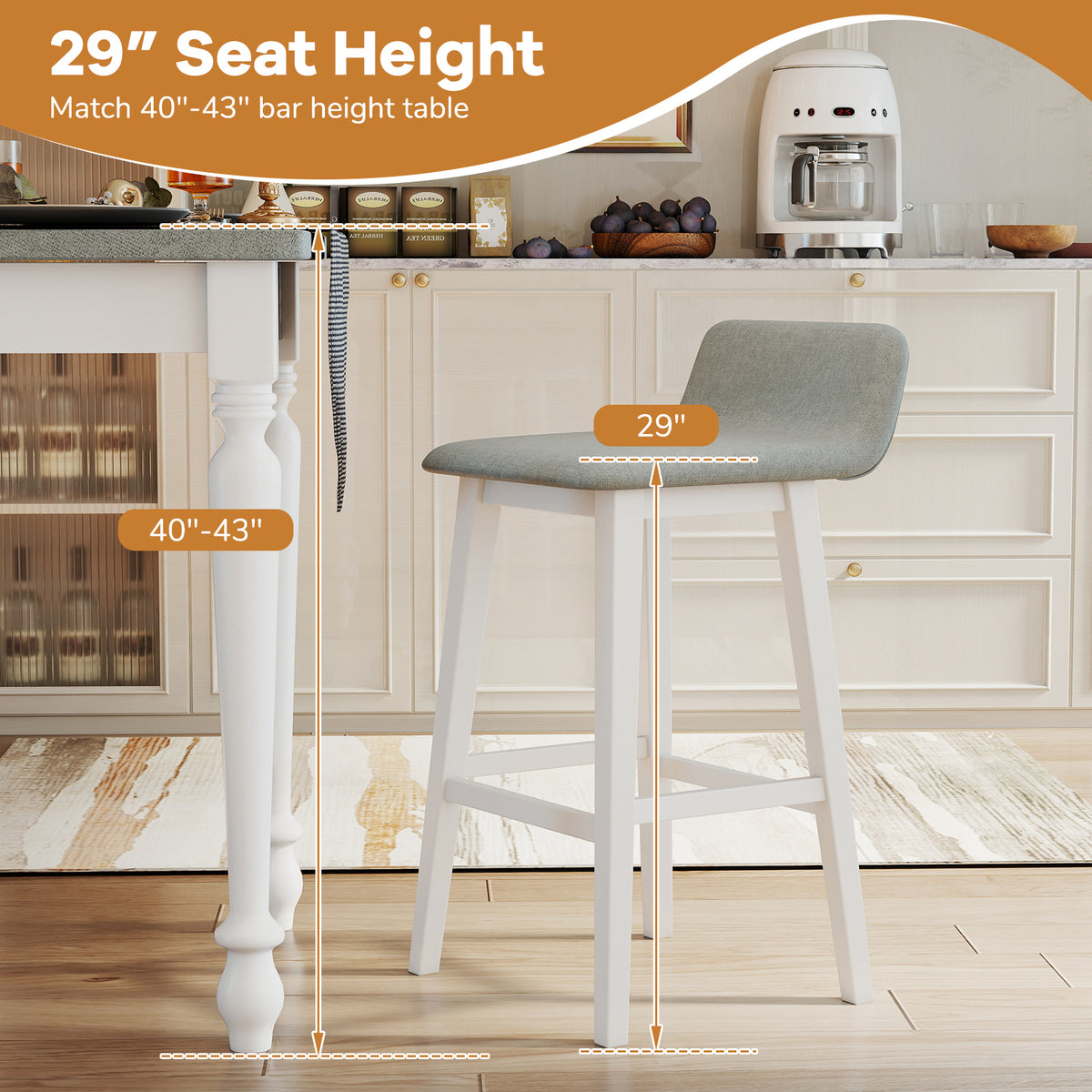 29 Inch Low-Back High-Top Chair, Padded Seat, Rubber Wood Legs, White Bar Stools at Gallery Canada