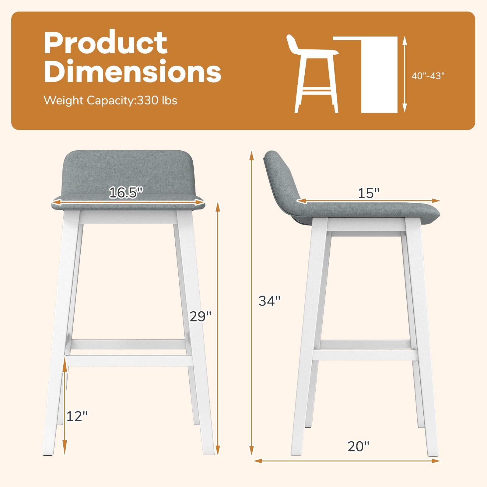 29 Inch Low-Back High-Top Chair, Padded Seat, Rubber Wood Legs, White Bar Stools at Gallery Canada