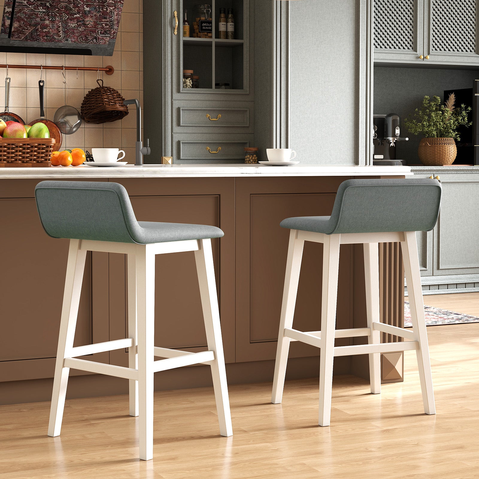 29 Inch Low-Back High-Top Chair, Padded Seat, Rubber Wood Legs, White Bar Stools at Gallery Canada