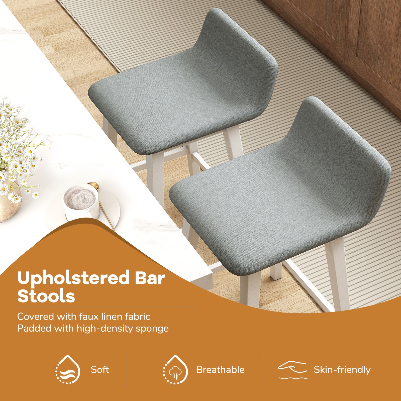 29 Inch Low-Back High-Top Chair, Padded Seat, Rubber Wood Legs, White Bar Stools at Gallery Canada
