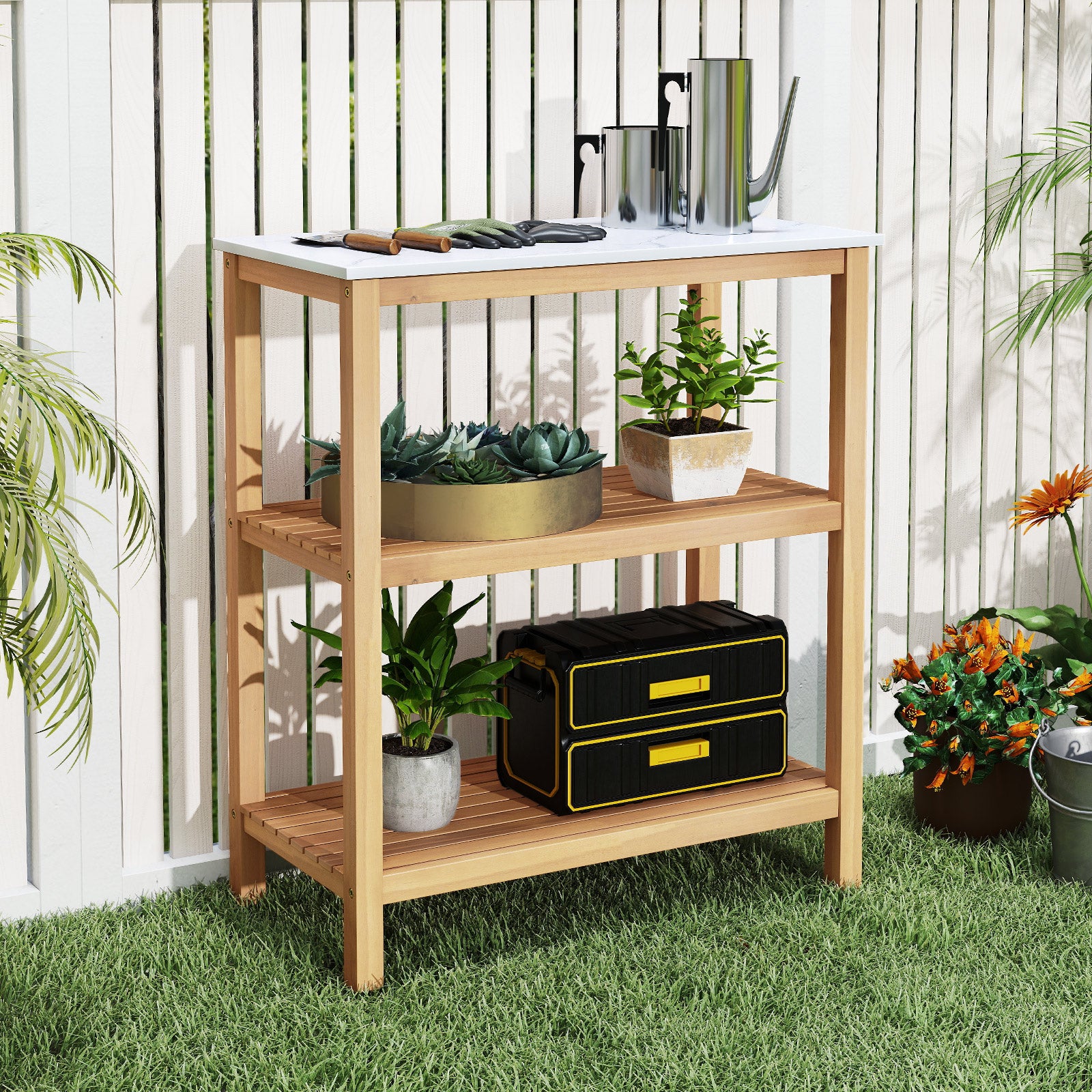 3-Tier Potting Bench Table, Marble-Like Countertop, Natural Potting Benches & Tables at Gallery Canada