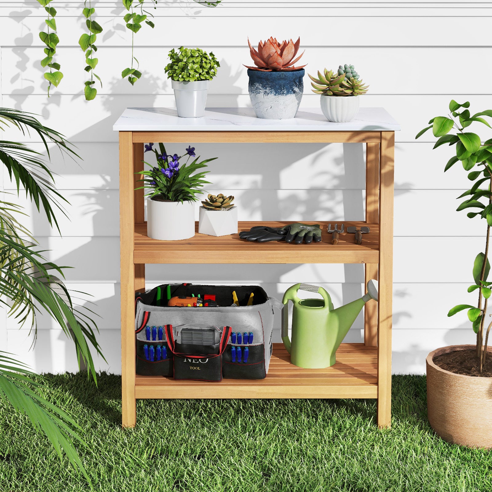 3-Tier Potting Bench Table, Marble-Like Countertop, Natural Potting Benches & Tables at Gallery Canada