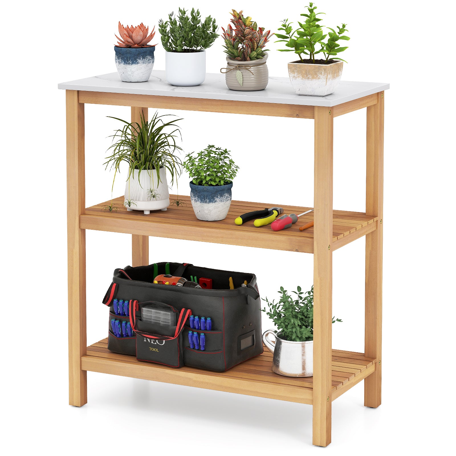 3-Tier Potting Bench Table, Marble-Like Countertop, Natural Potting Benches & Tables at Gallery Canada