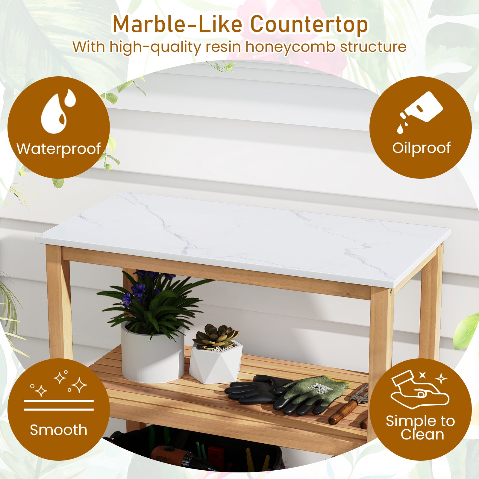 3-Tier Potting Bench Table, Marble-Like Countertop, Natural Potting Benches & Tables at Gallery Canada
