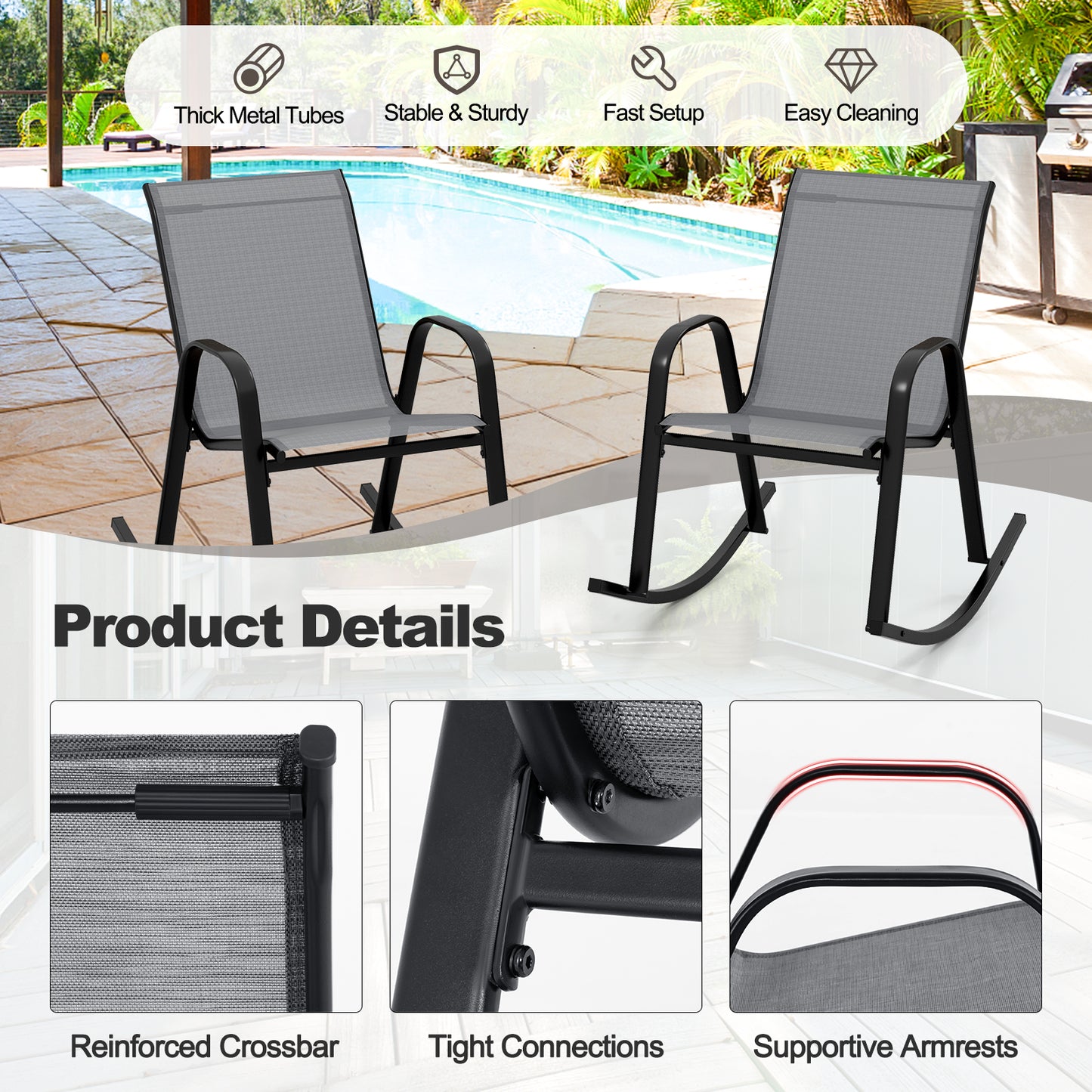 Metal Patio Rocking Chair Set, 2 Pack, Breathable Fabric Seat, Gray Patio Rocking Chairs & Gliders at Gallery Canada
