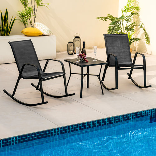 Set Of 2 Metal Patio Rocking Chairs, Breathable Fabric Seat, Black