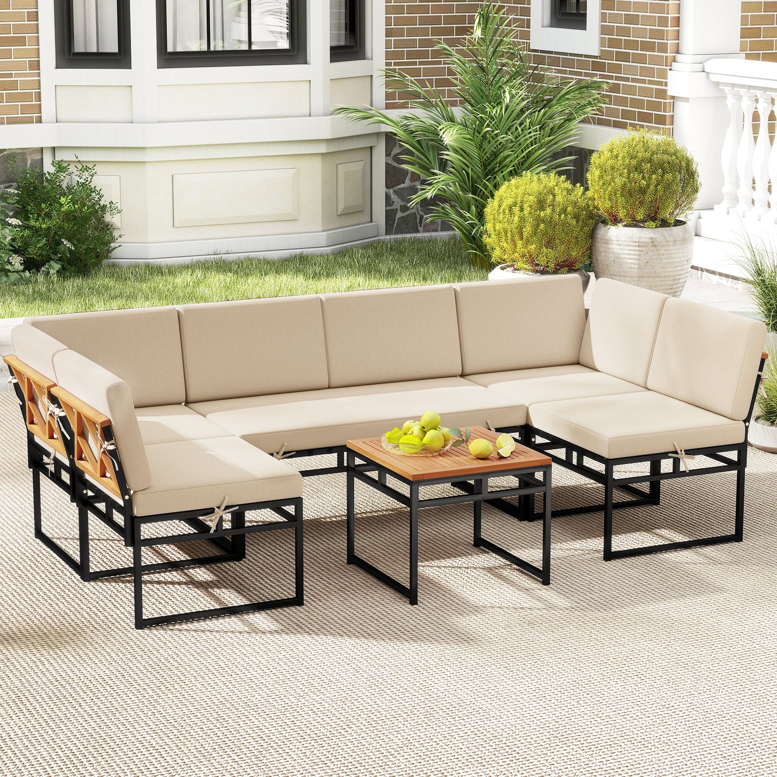 6 Piece Outdoor Sectional Sofa Set, Metal Conversation Set With Cushions, Beige Patio Conversation Sets at Gallery Canada
