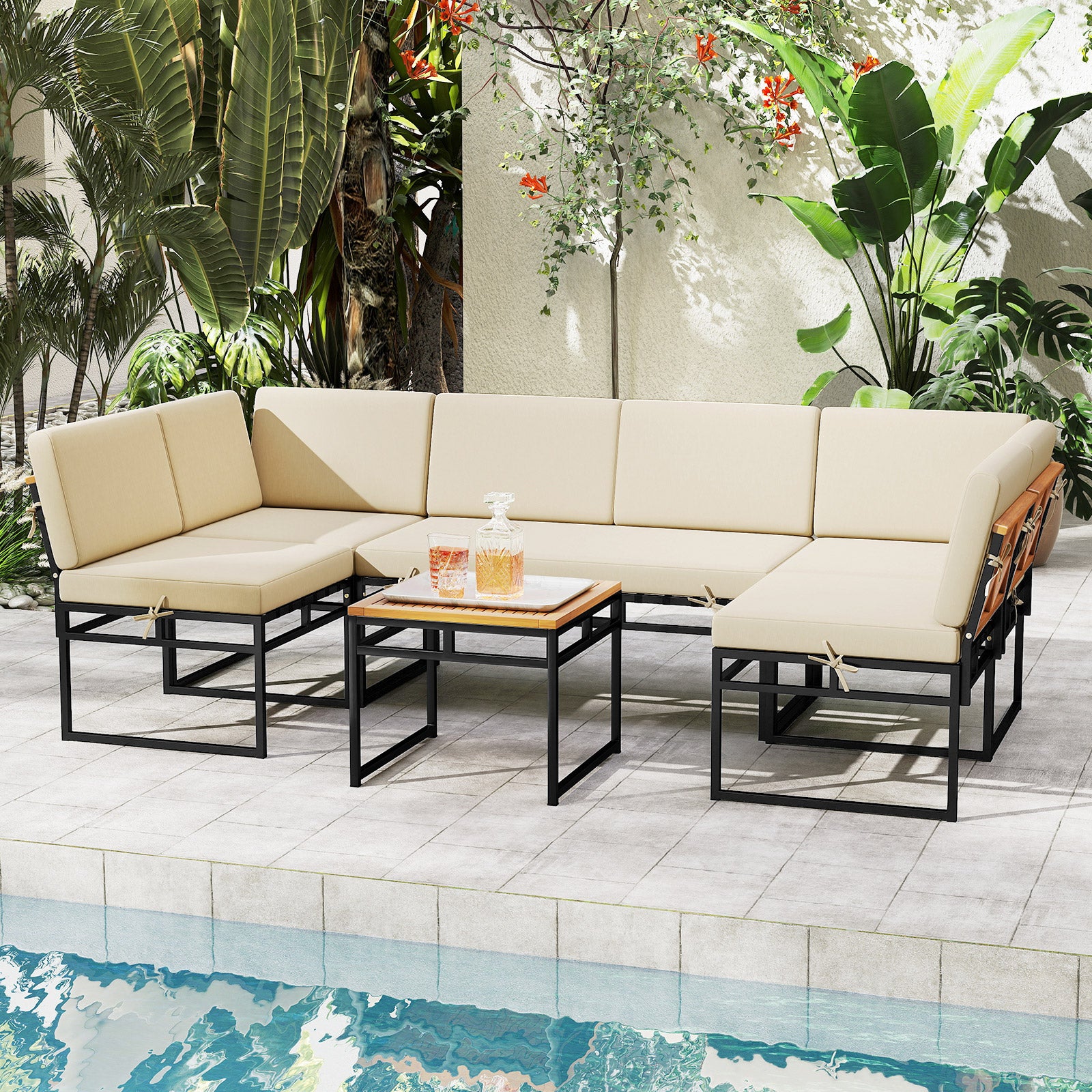 6 Piece Outdoor Sectional Sofa Set, Metal Conversation Set With Cushions, Beige Patio Conversation Sets at Gallery Canada