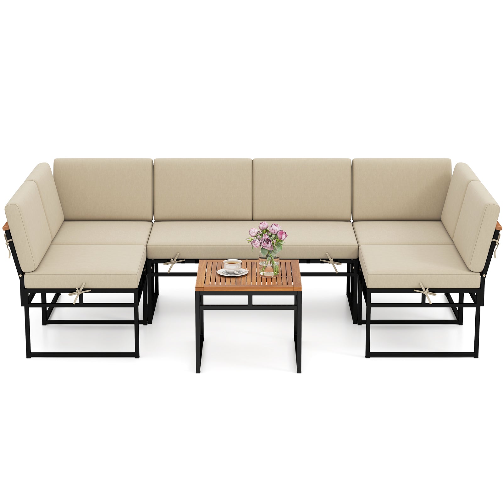 6 Piece Outdoor Sectional Sofa Set, Metal Conversation Set With Cushions, Beige Patio Conversation Sets at Gallery Canada