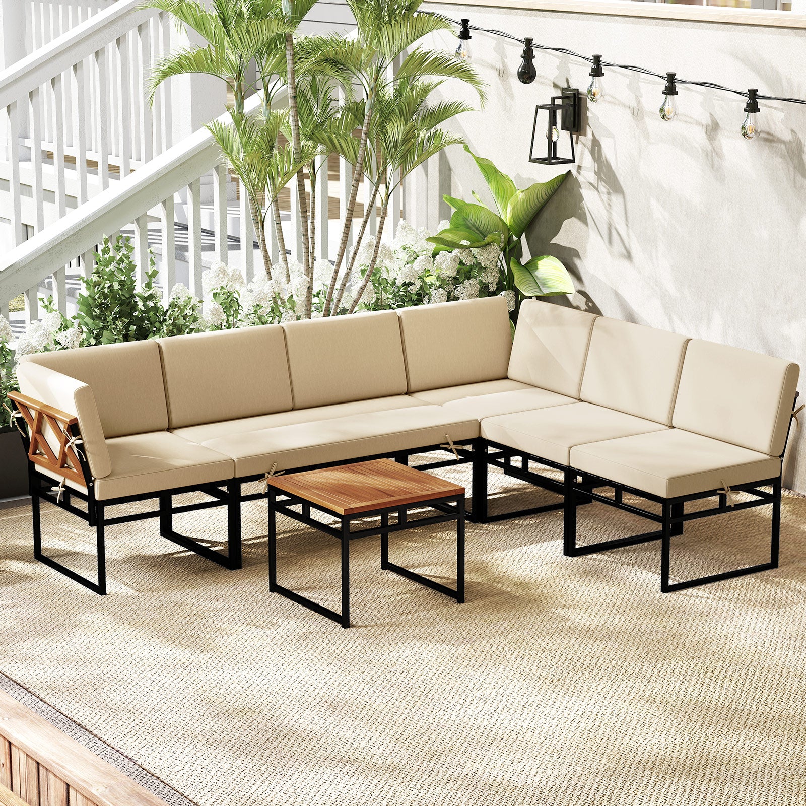 6 Piece Outdoor Sectional Sofa Set, Metal Conversation Set With Cushions, Beige Patio Conversation Sets at Gallery Canada