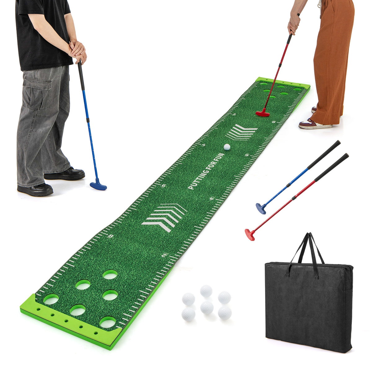 11 FT Putting Green Mat with 2 Adjustable Putters and 6 Balls, Green Golf at Gallery Canada