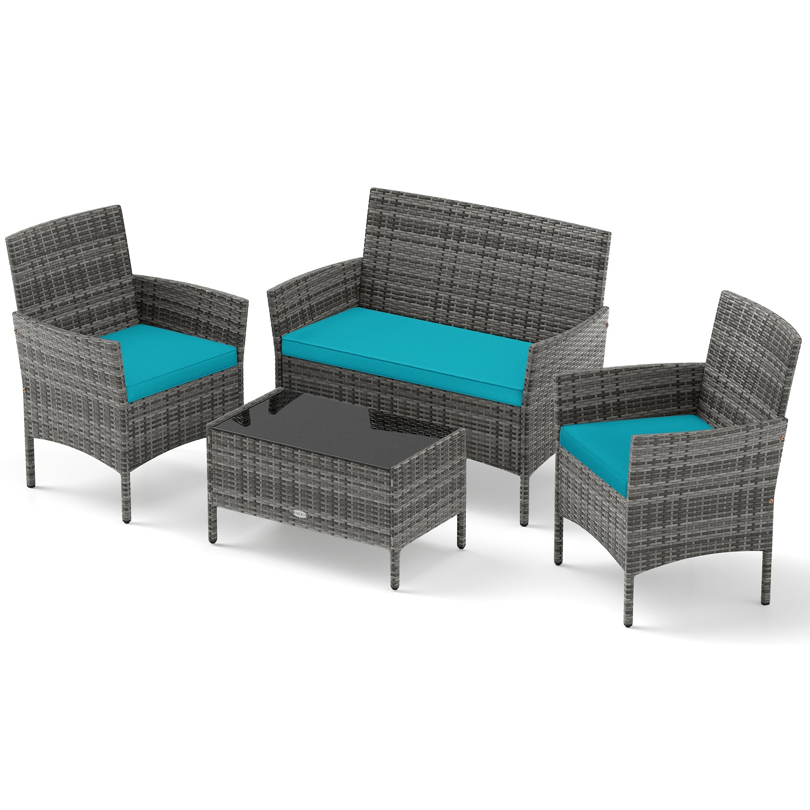 4 Piece Patio Rattan Conversation Set, Tempered Glass Coffee Table, Turquoise Patio Conversation Sets at Gallery Canada