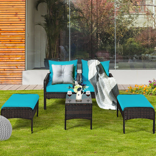 5 Pcs Patio Rattan Sofa Ottoman Set, Turquoise