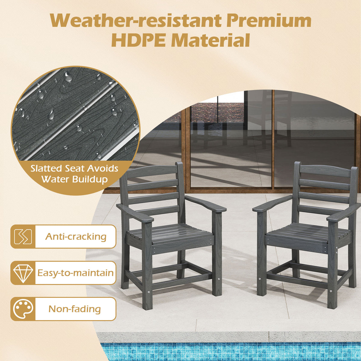 HDPE All Weather Patio Dining Chairs, Set of 2, Wide Armrests, Gray Patio Dining Chairs at Gallery Canada
