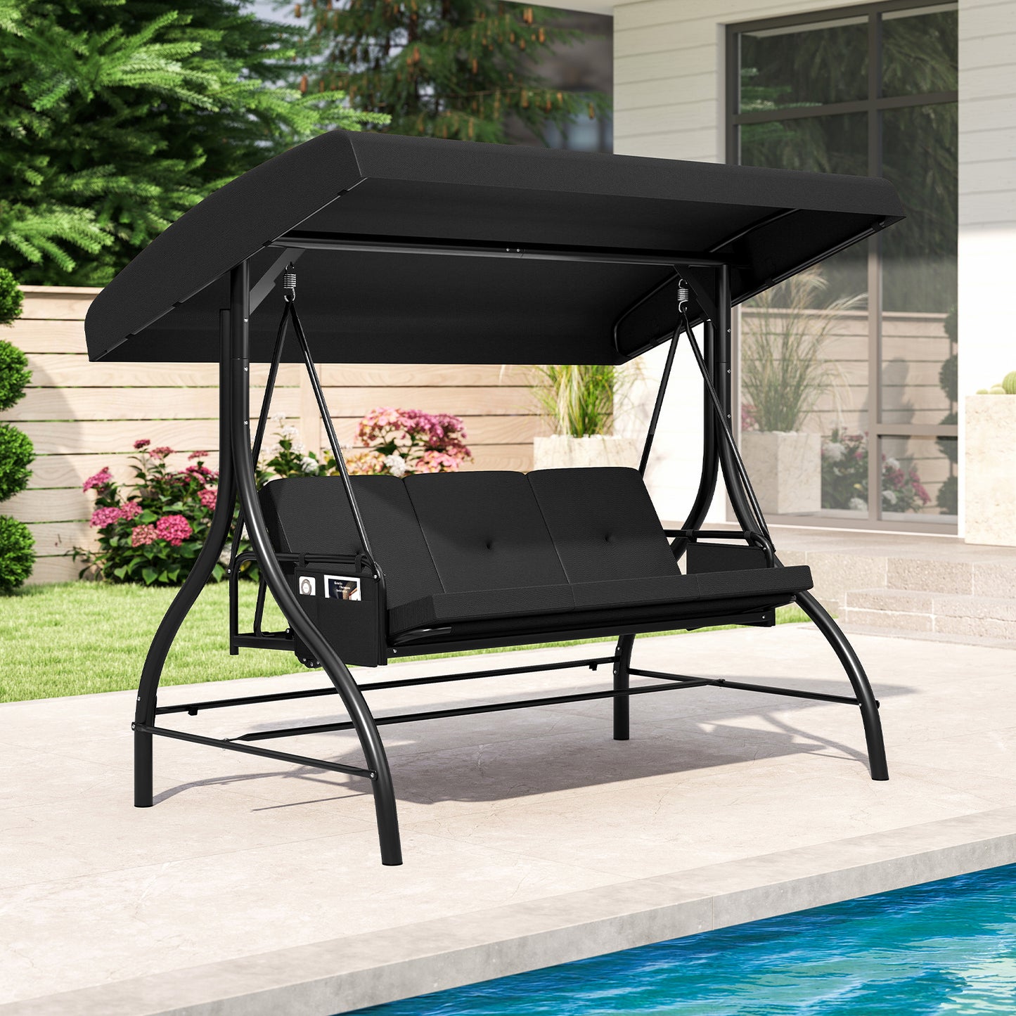 3-Piece Patio Swing With Canopy, Removable Cushions, Side Pockets, Black Porch Swings at Gallery Canada