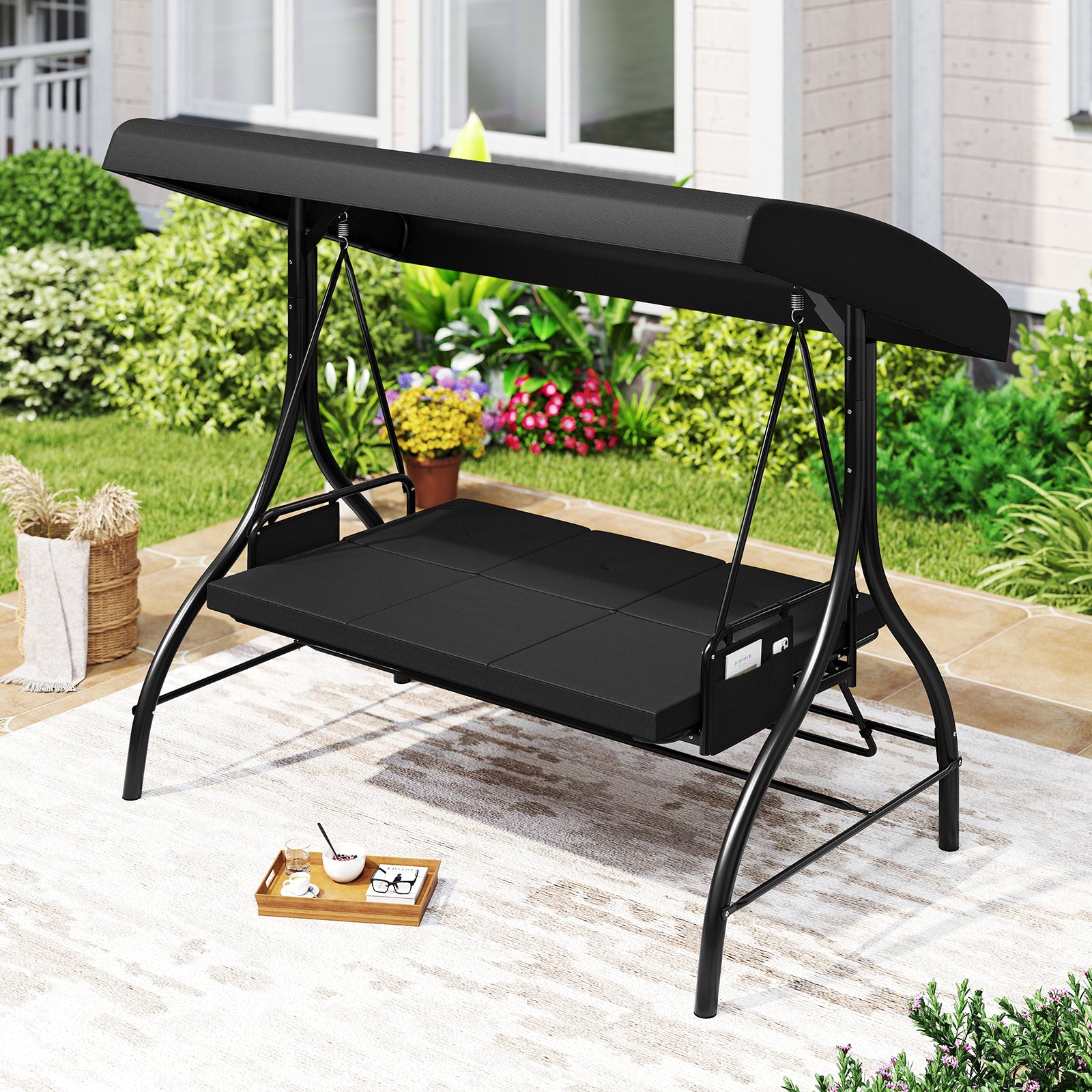 3-Piece Patio Swing With Canopy, Removable Cushions, Side Pockets, Black Porch Swings at Gallery Canada