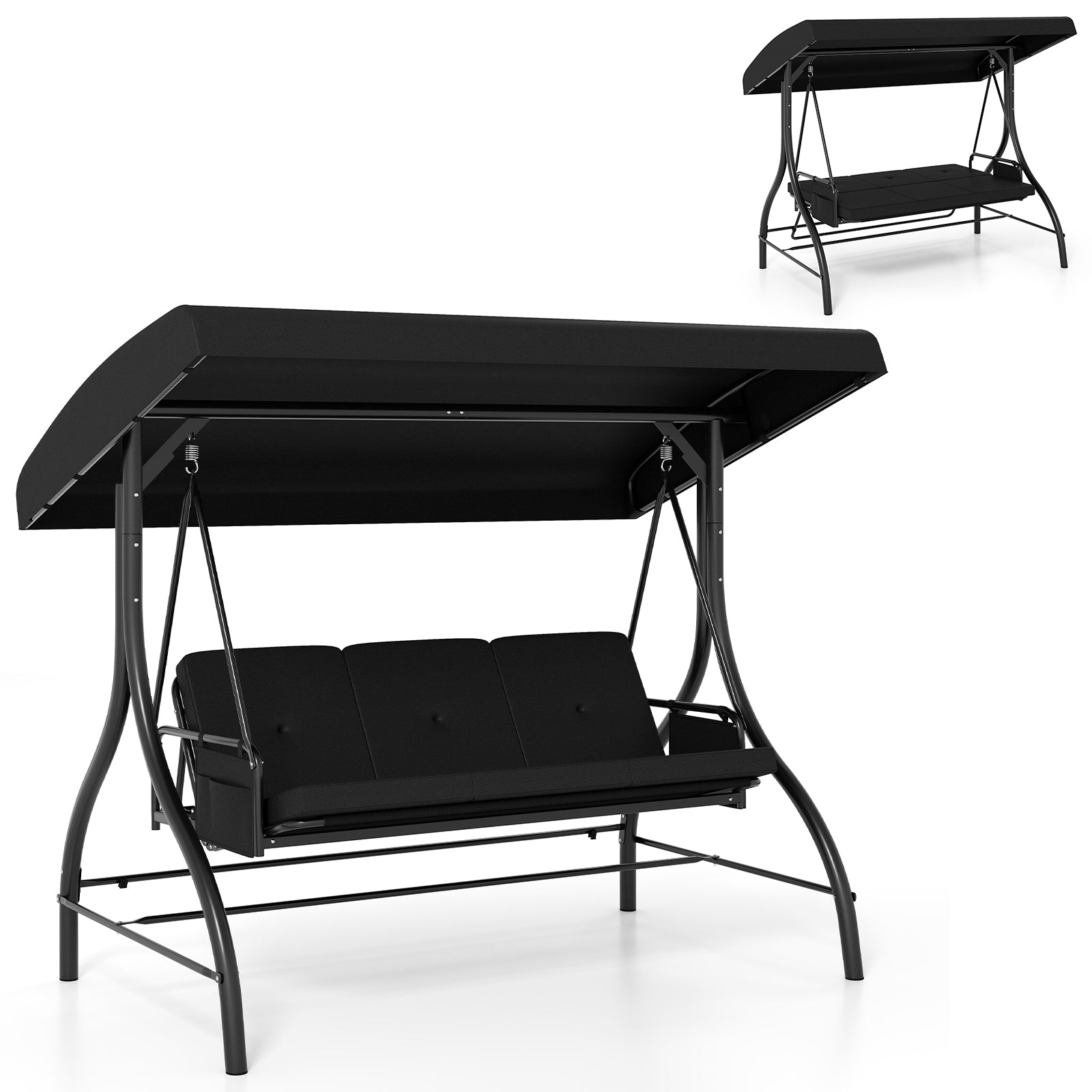 3-Piece Patio Swing With Canopy, Removable Cushions, Side Pockets, Black Porch Swings at Gallery Canada