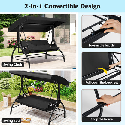 3-Piece Patio Swing With Canopy, Removable Cushions, Side Pockets, Black Porch Swings at Gallery Canada
