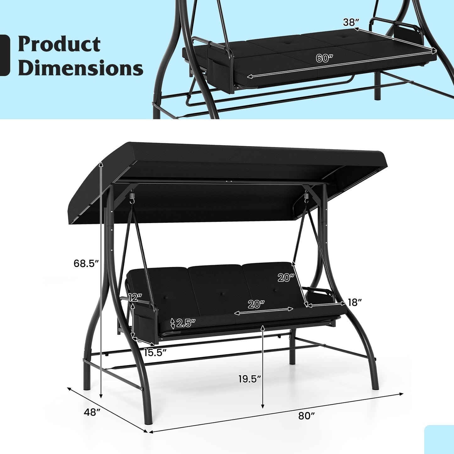 3-Piece Patio Swing With Canopy, Removable Cushions, Side Pockets, Black Porch Swings at Gallery Canada