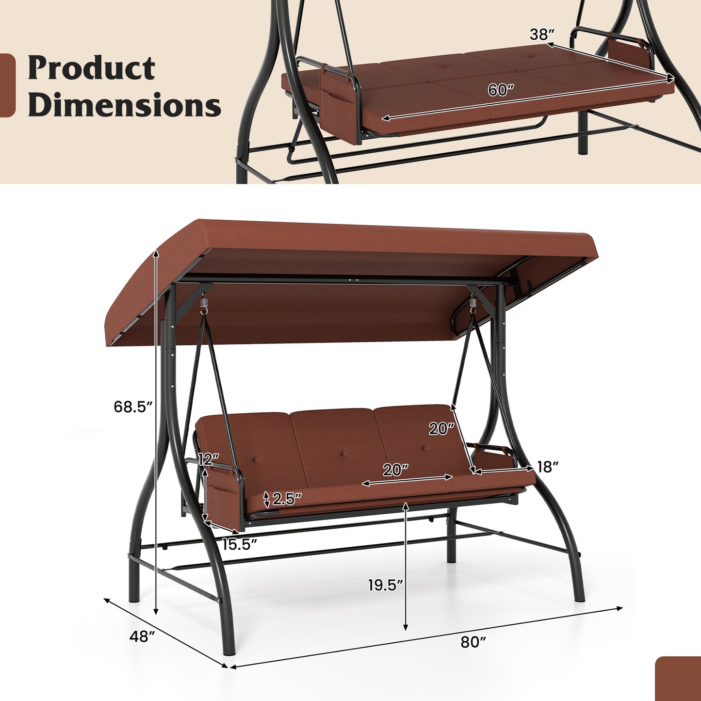 3-Piece Patio Swing With Canopy, Removable Cushions, Side Pockets, Brown Porch Swings at Gallery Canada