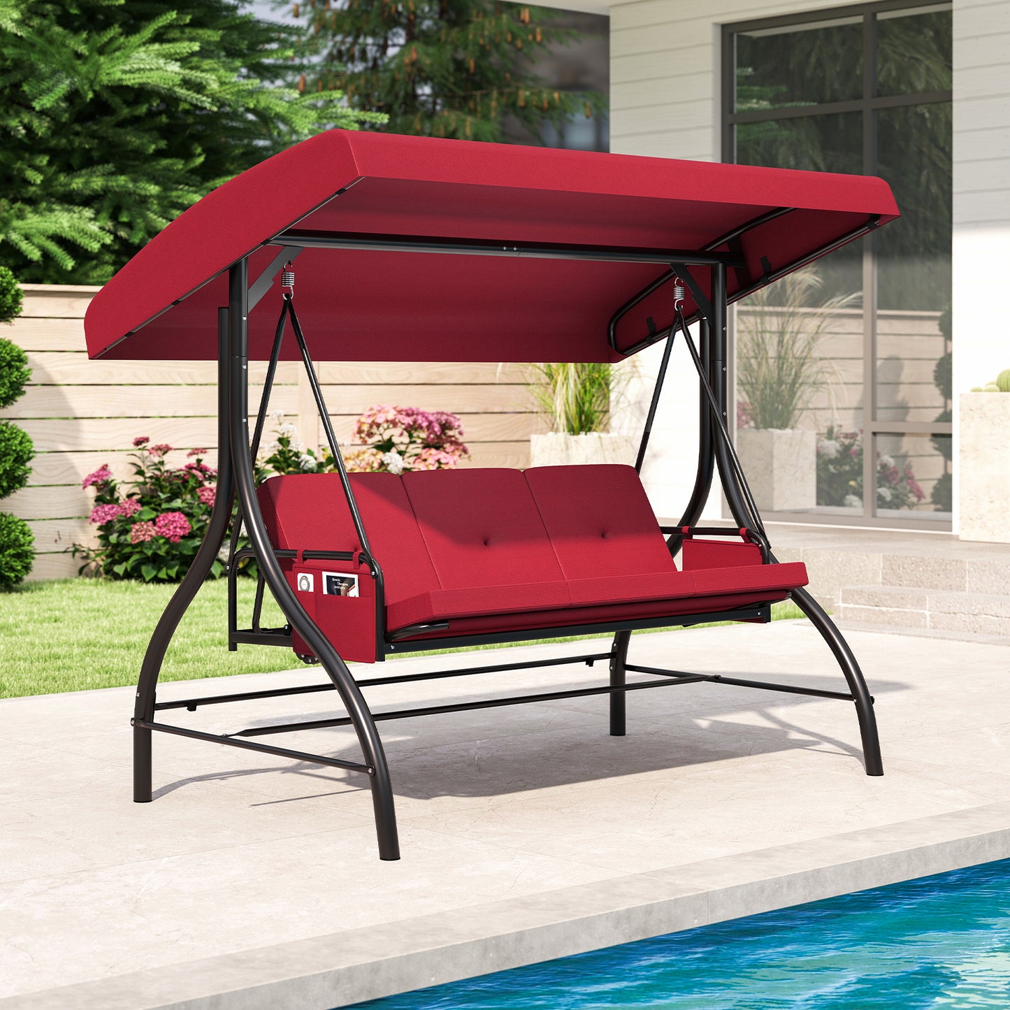 3-Piece Patio Swing With Canopy, Removable Cushions, Side Pockets, Burgundy Porch Swings at Gallery Canada
