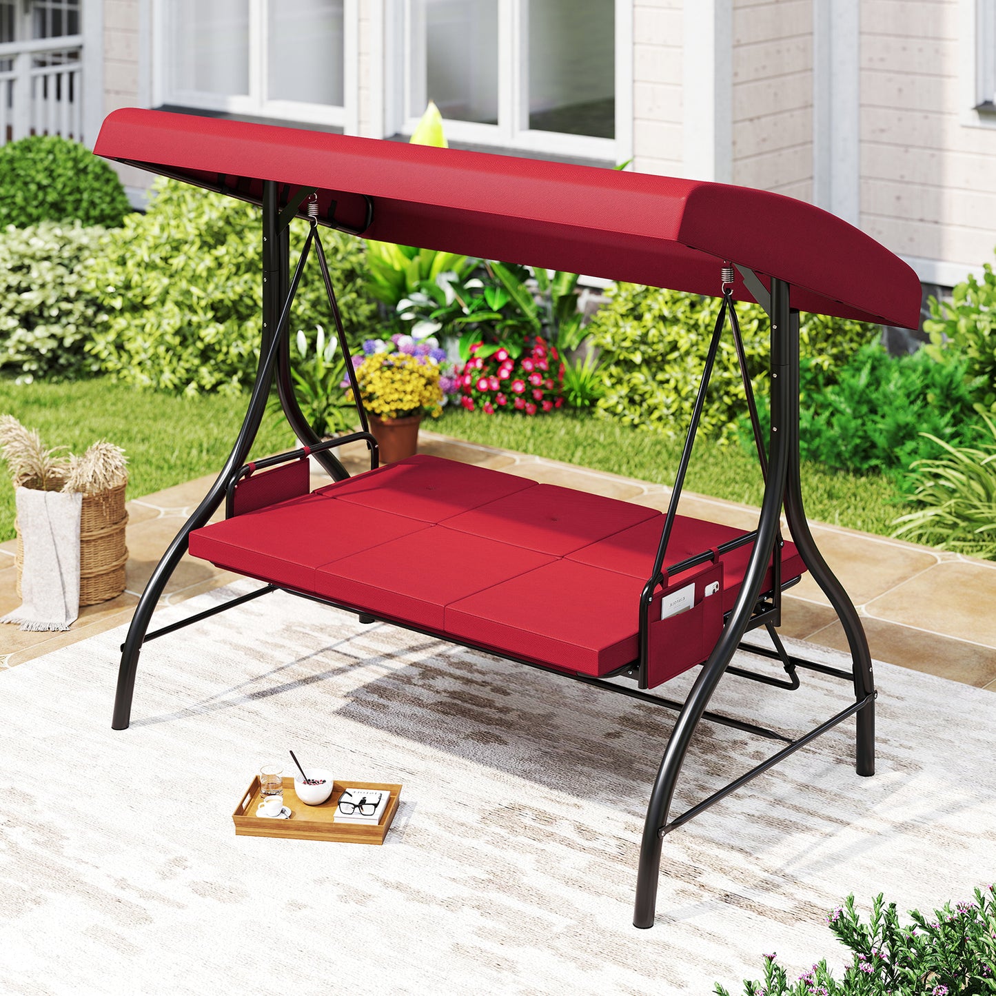 3-Piece Patio Swing With Canopy, Removable Cushions, Side Pockets, Burgundy Porch Swings at Gallery Canada