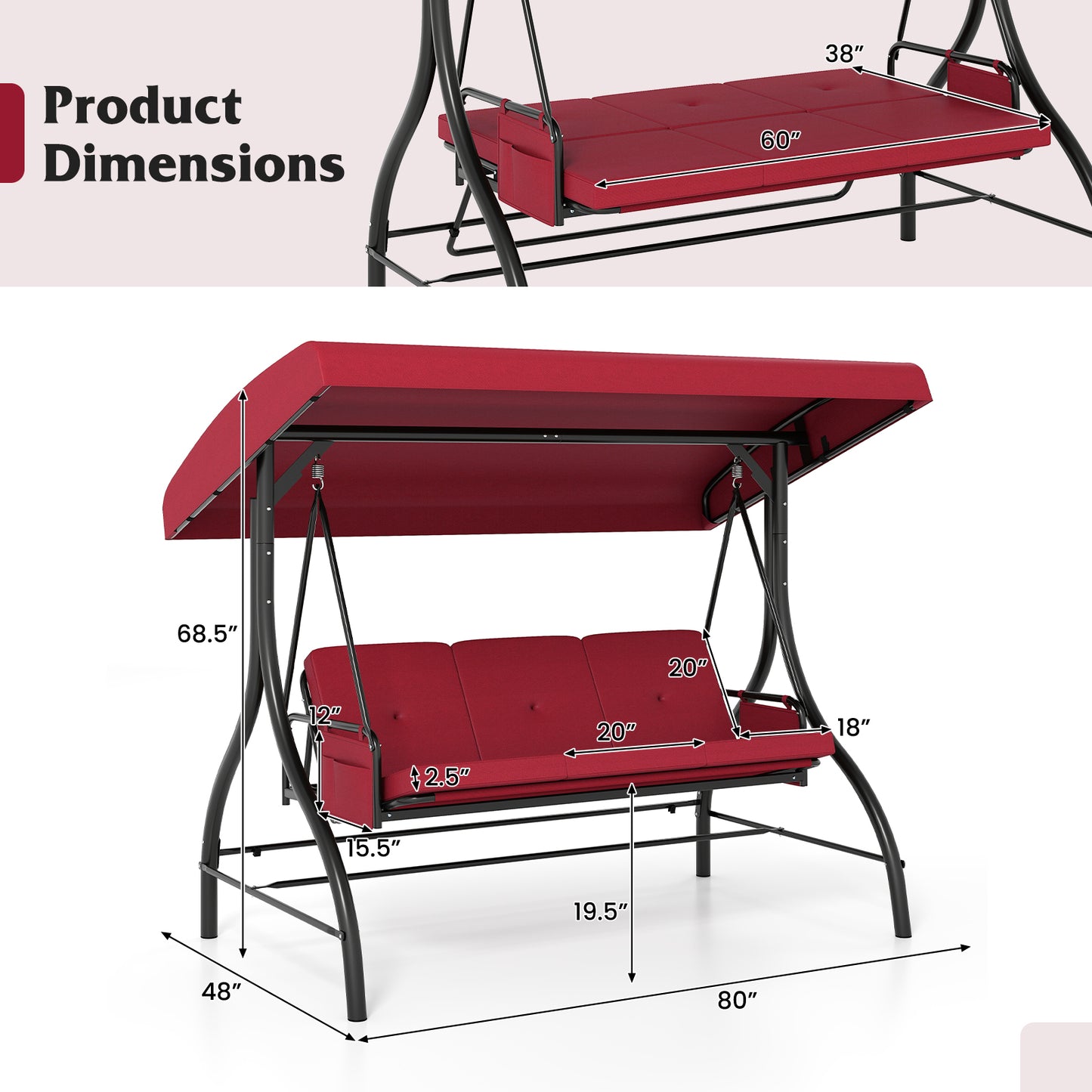 3-Piece Patio Swing With Canopy, Removable Cushions, Side Pockets, Burgundy Porch Swings at Gallery Canada