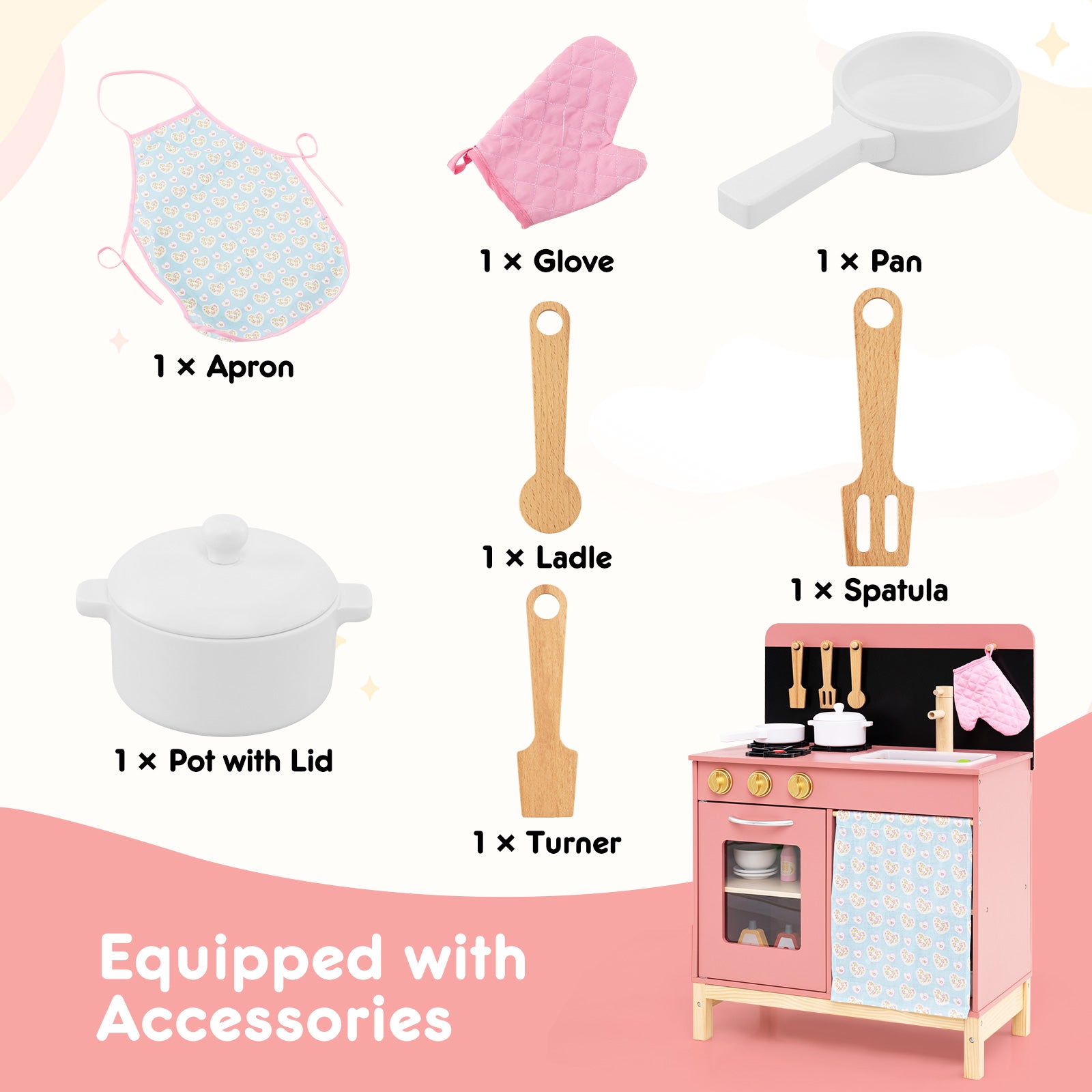 Kids Wooden Play Kitchen, With Door Curtain, Pink Play Kitchen Sets at Gallery Canada