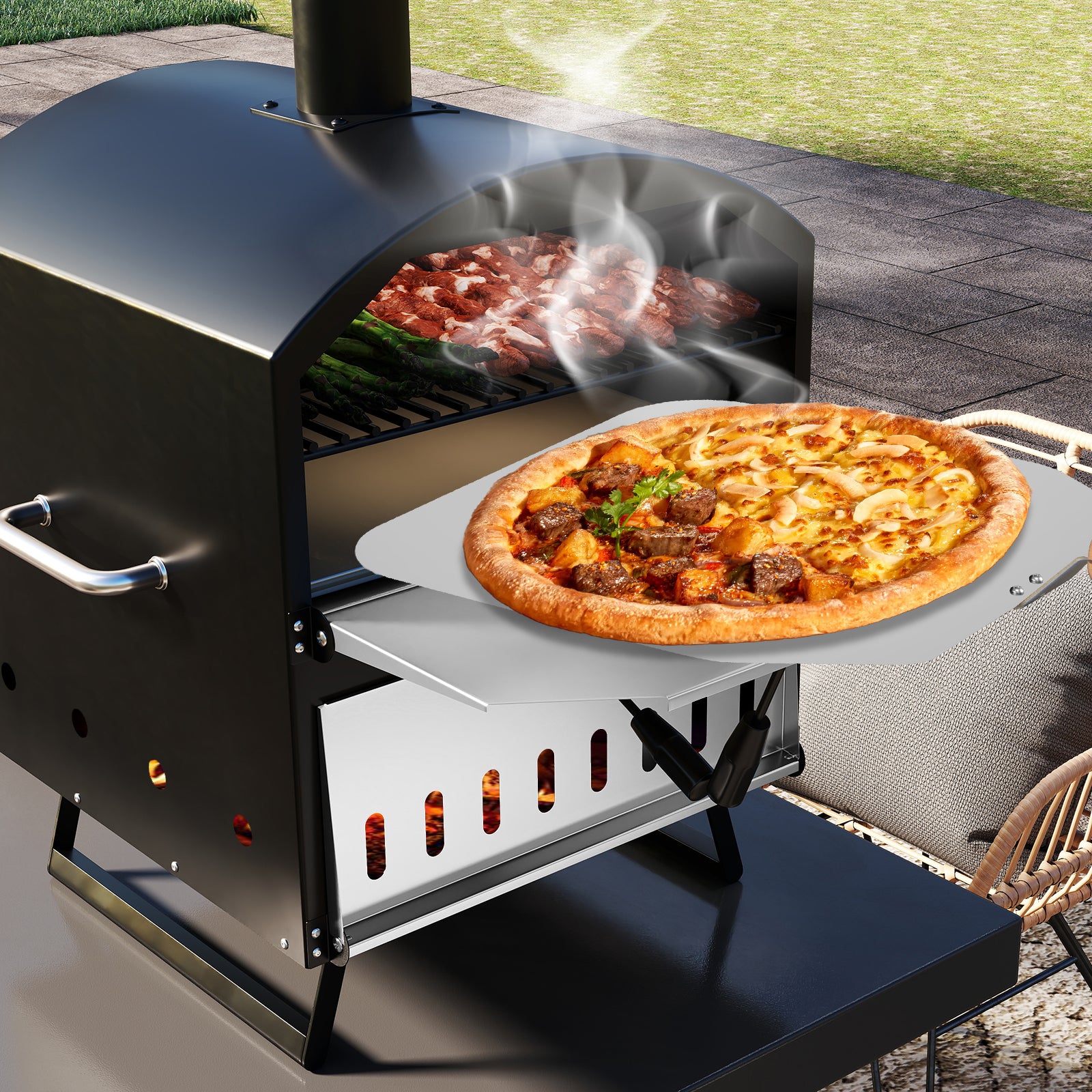 16 Inch Wood Fired Pizza Oven, 2-Layer, Square Stone, Black Outdoor Grills at Gallery Canada