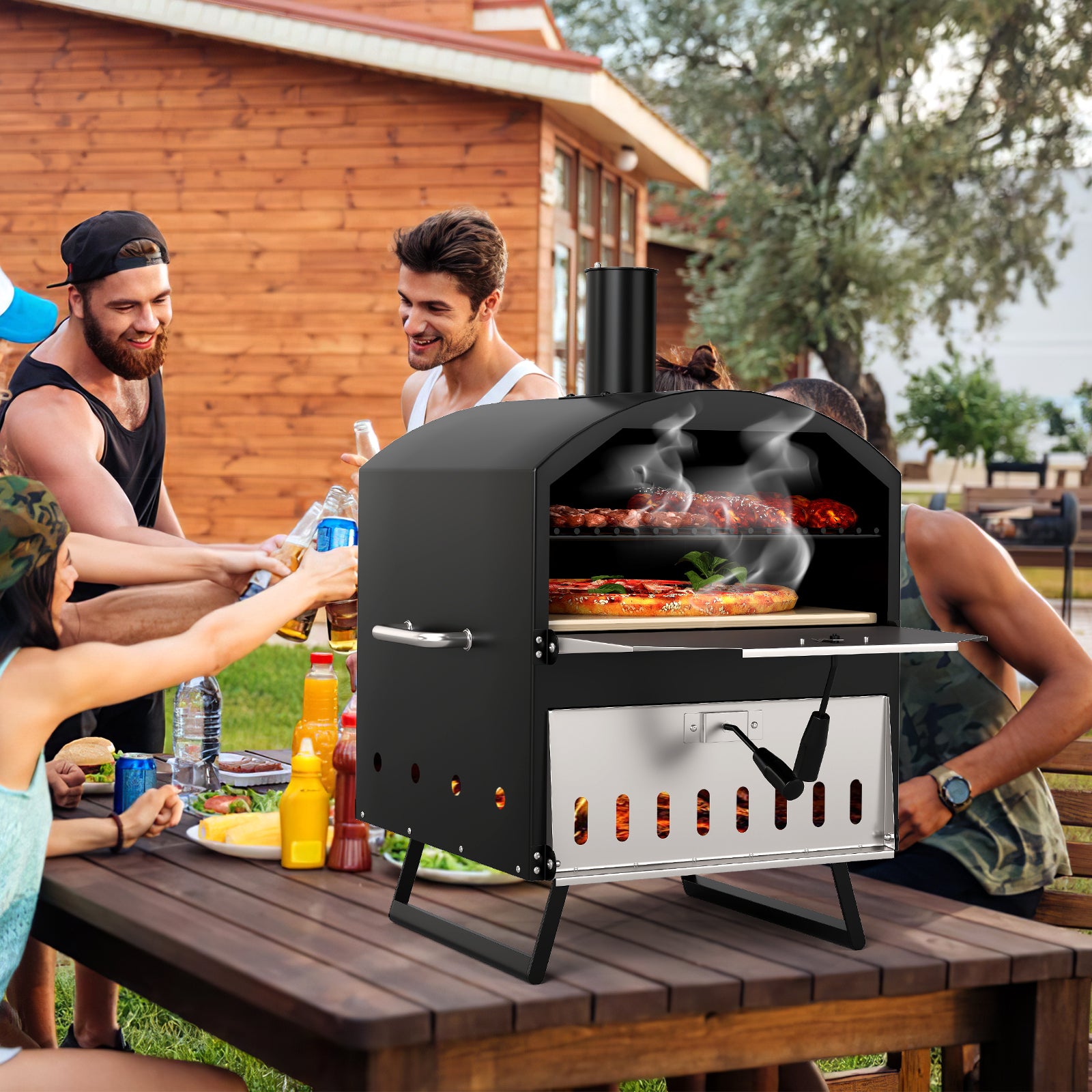 16 Inch Wood Fired Pizza Oven, 2-Layer, Square Stone, Black Outdoor Grills at Gallery Canada