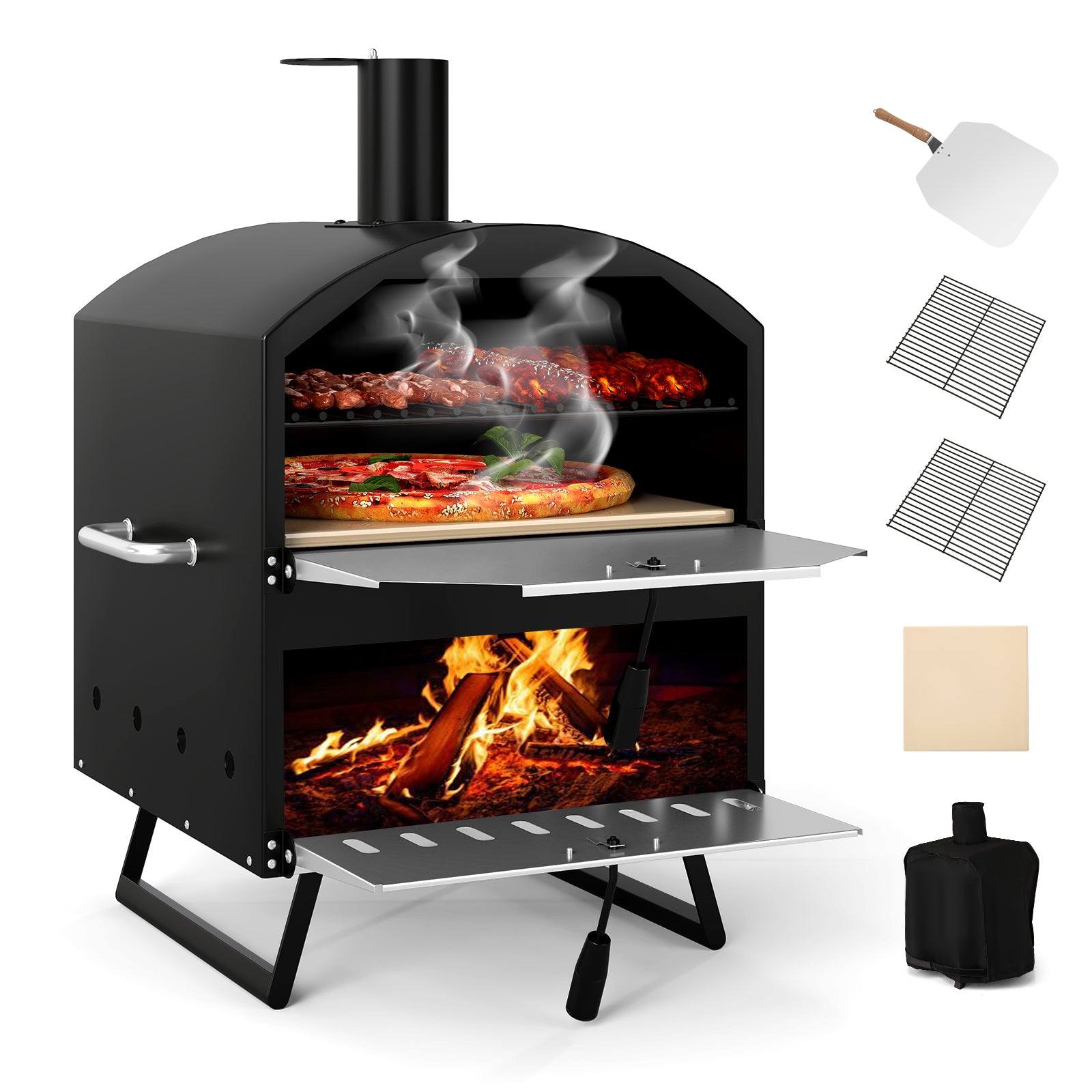 16 Inch Wood Fired Pizza Oven, 2-Layer, Square Stone, Black Outdoor Grills at Gallery Canada