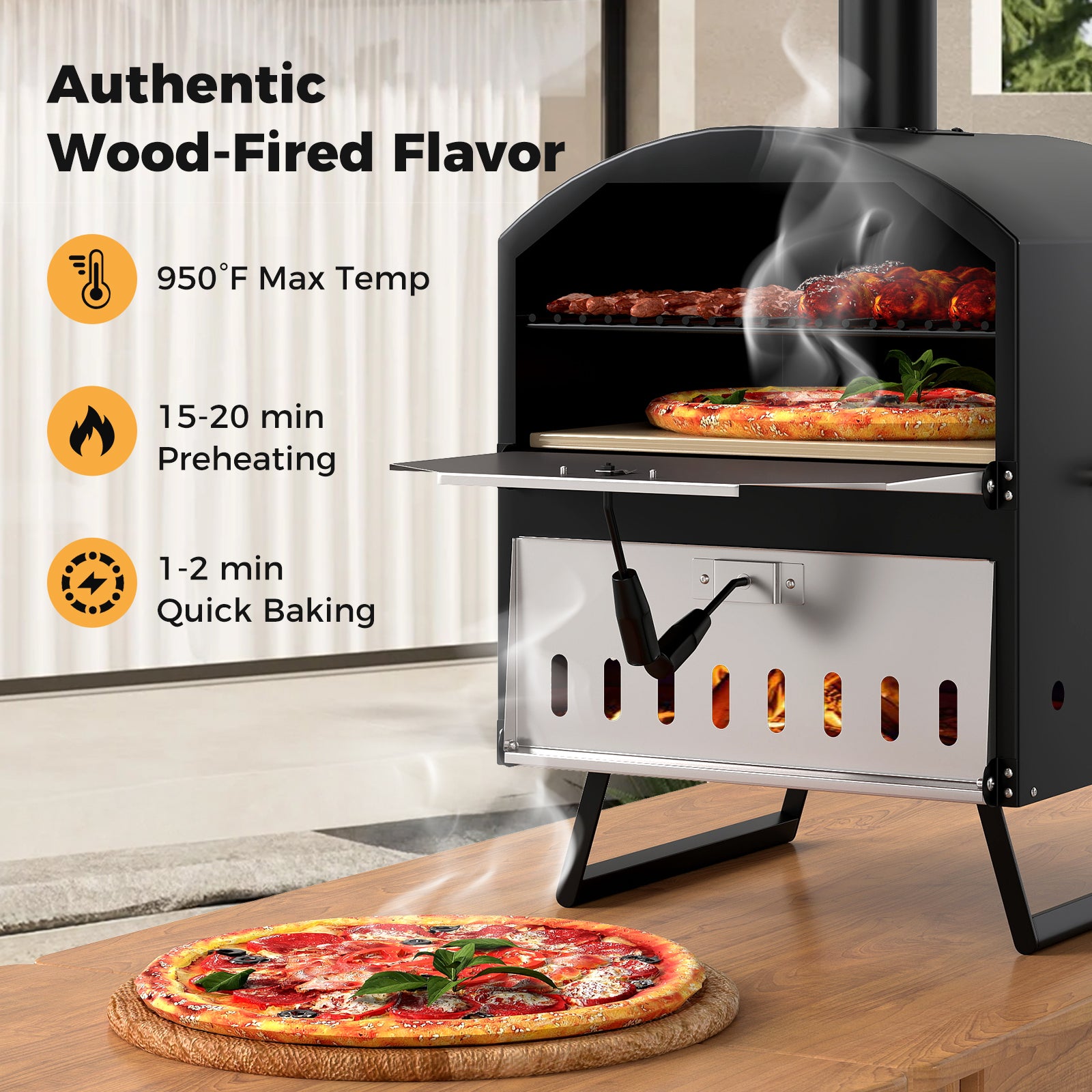 16 Inch Wood Fired Pizza Oven, 2-Layer, Square Stone, Black Outdoor Grills at Gallery Canada