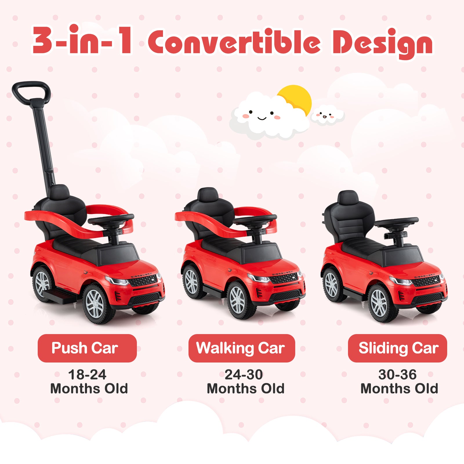 3 In 1 Push Car, Removable Handle, Guardrail, 18-36 Months, Red Push & Pedal Ride On Toys at Gallery Canada