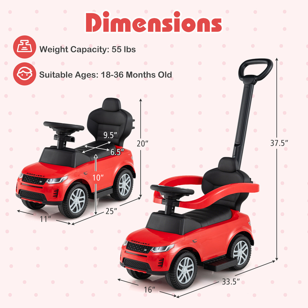 3 In 1 Push Car, Removable Handle, Guardrail, 18-36 Months, Red Push & Pedal Ride On Toys at Gallery Canada