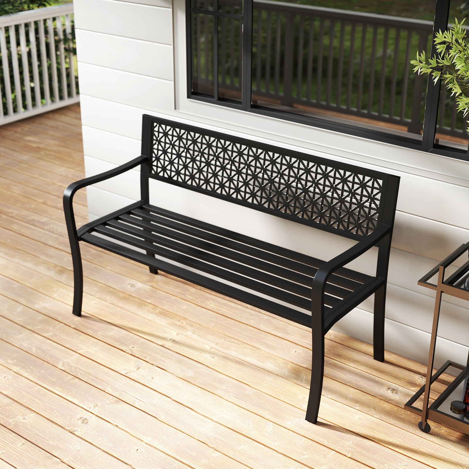 50 Inch Garden Bench, Patterned Backrest, Curved Armrests, Black Outdoor Benches at Gallery Canada