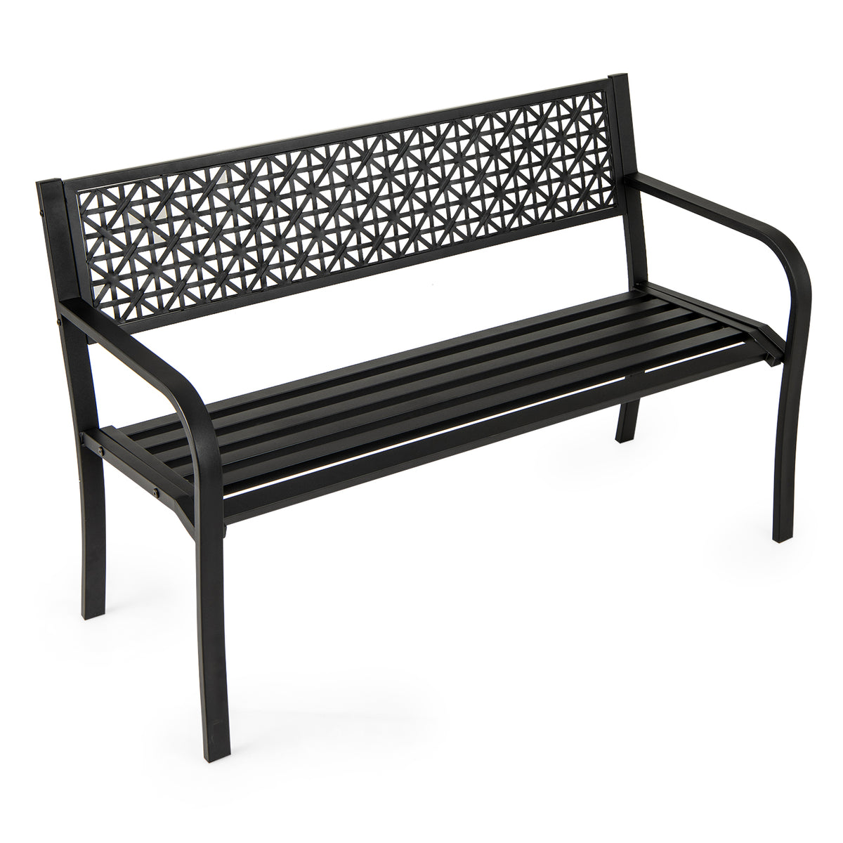 50 Inch Garden Bench, Patterned Backrest, Curved Armrests, Black Outdoor Benches at Gallery Canada