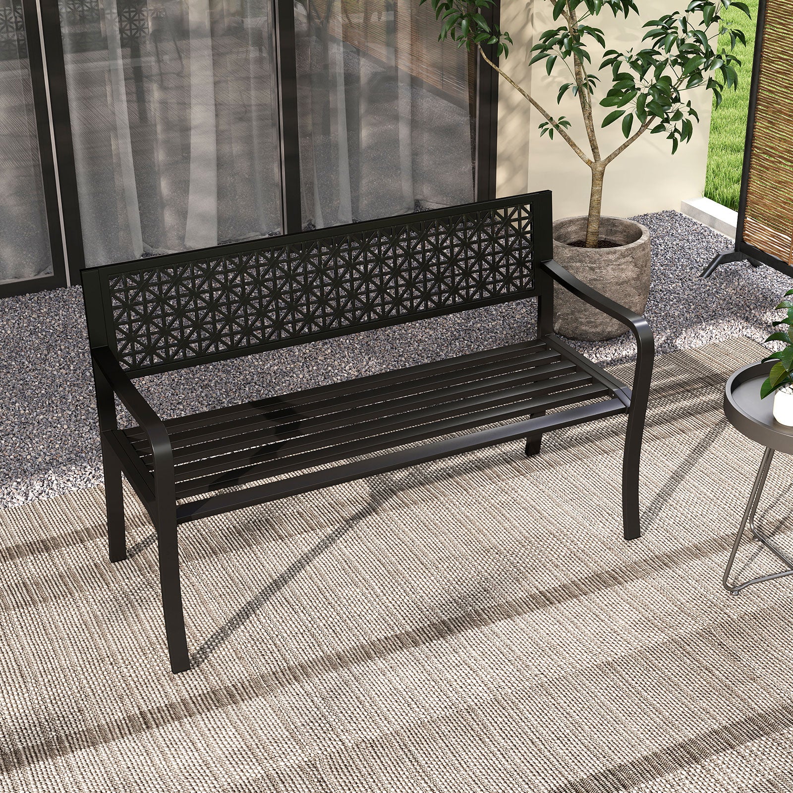 50 Inch Garden Bench, Patterned Backrest, Curved Armrests, Black Outdoor Benches at Gallery Canada