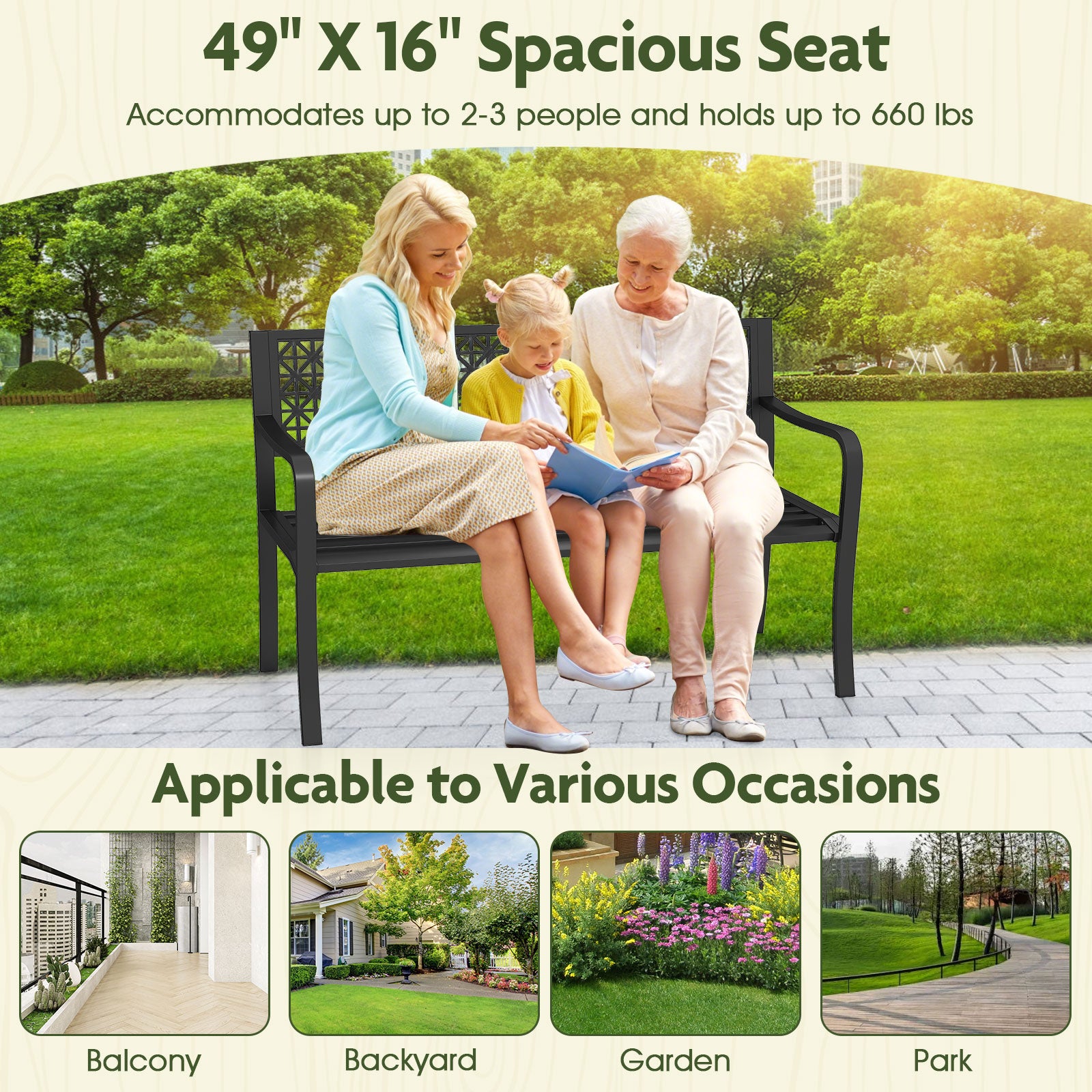 50 Inch Garden Bench, Patterned Backrest, Curved Armrests, Black Outdoor Benches at Gallery Canada