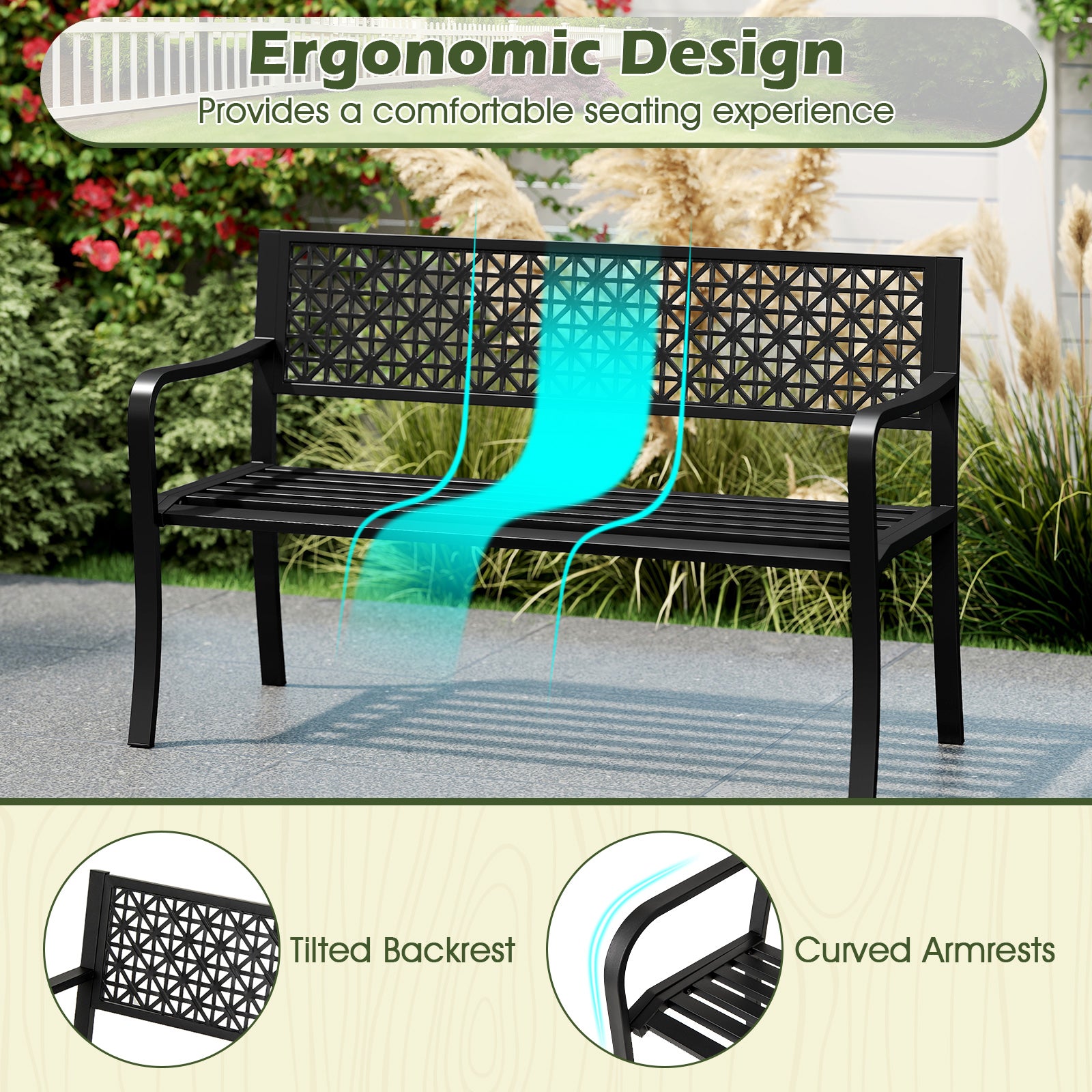 50 Inch Garden Bench, Patterned Backrest, Curved Armrests, Black Outdoor Benches at Gallery Canada