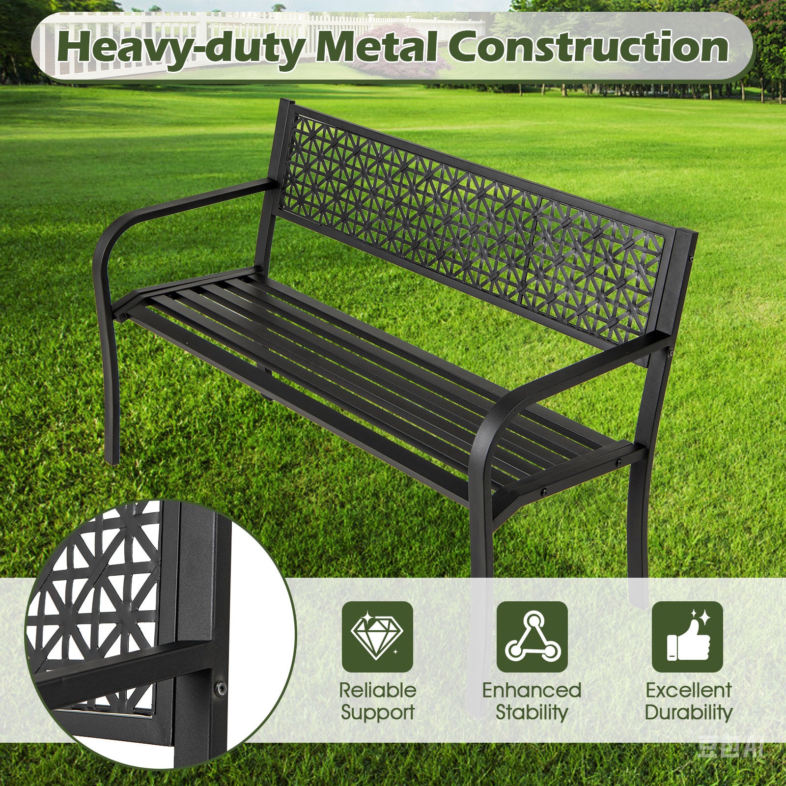 50 Inch Garden Bench, Patterned Backrest, Curved Armrests, Black Outdoor Benches at Gallery Canada