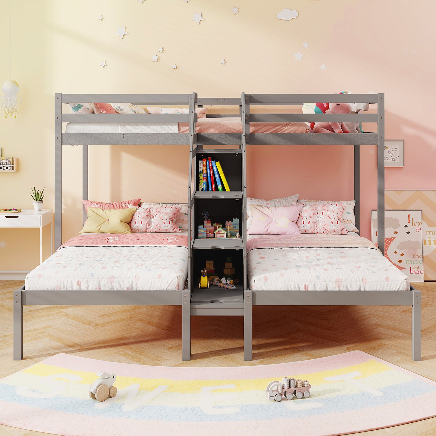 Twin Over Twin Bunk Bed With Storage Staircase, Guardrail, Gray Bunk Bed Frame at Gallery Canada